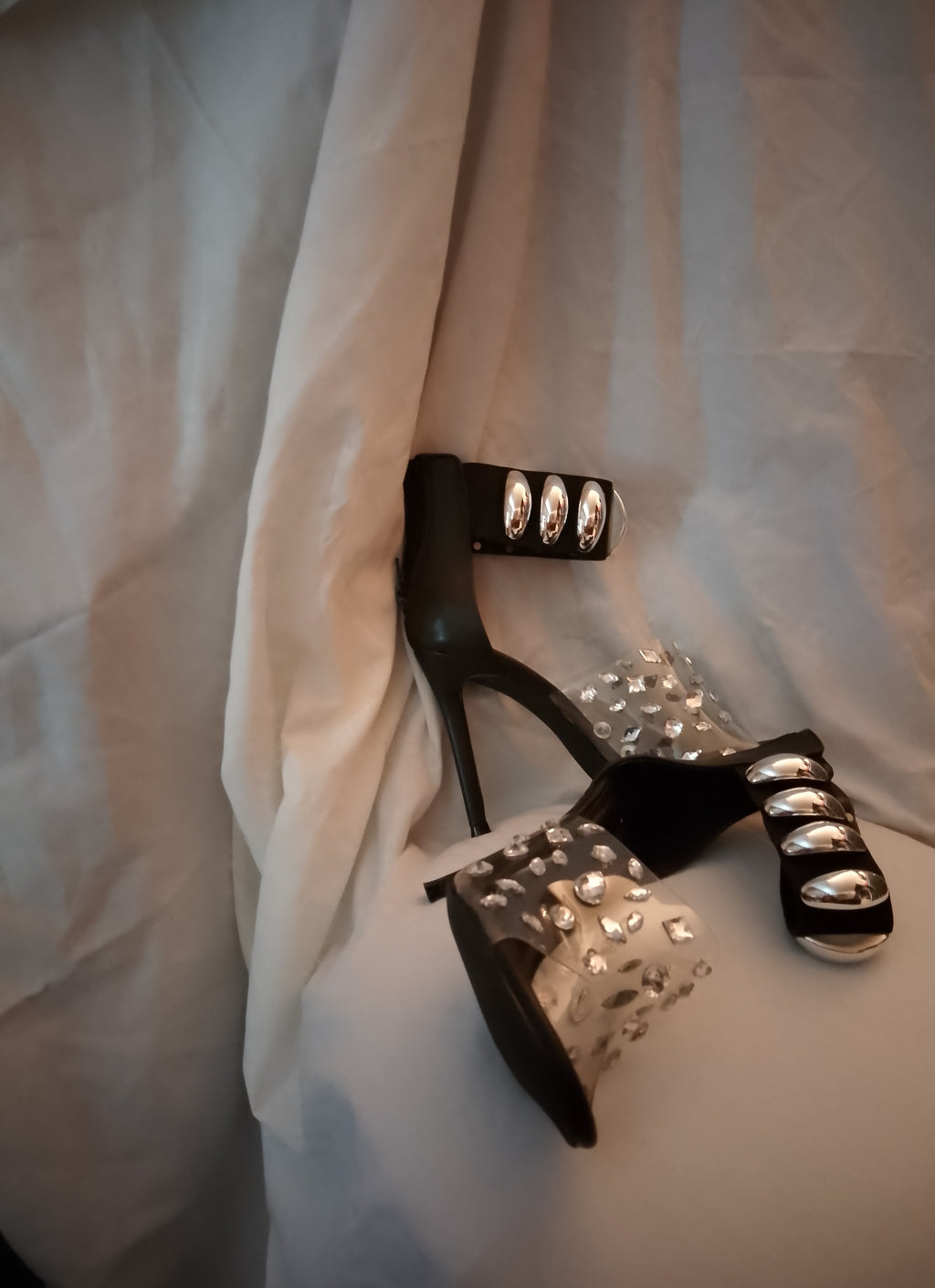 Naughty Or Nice Black & Silver Thick Ankle Strap Stiletto Heel Pumps