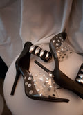 Naughty Or Nice Black & Silver Thick Ankle Strap Stiletto Heel Pumps