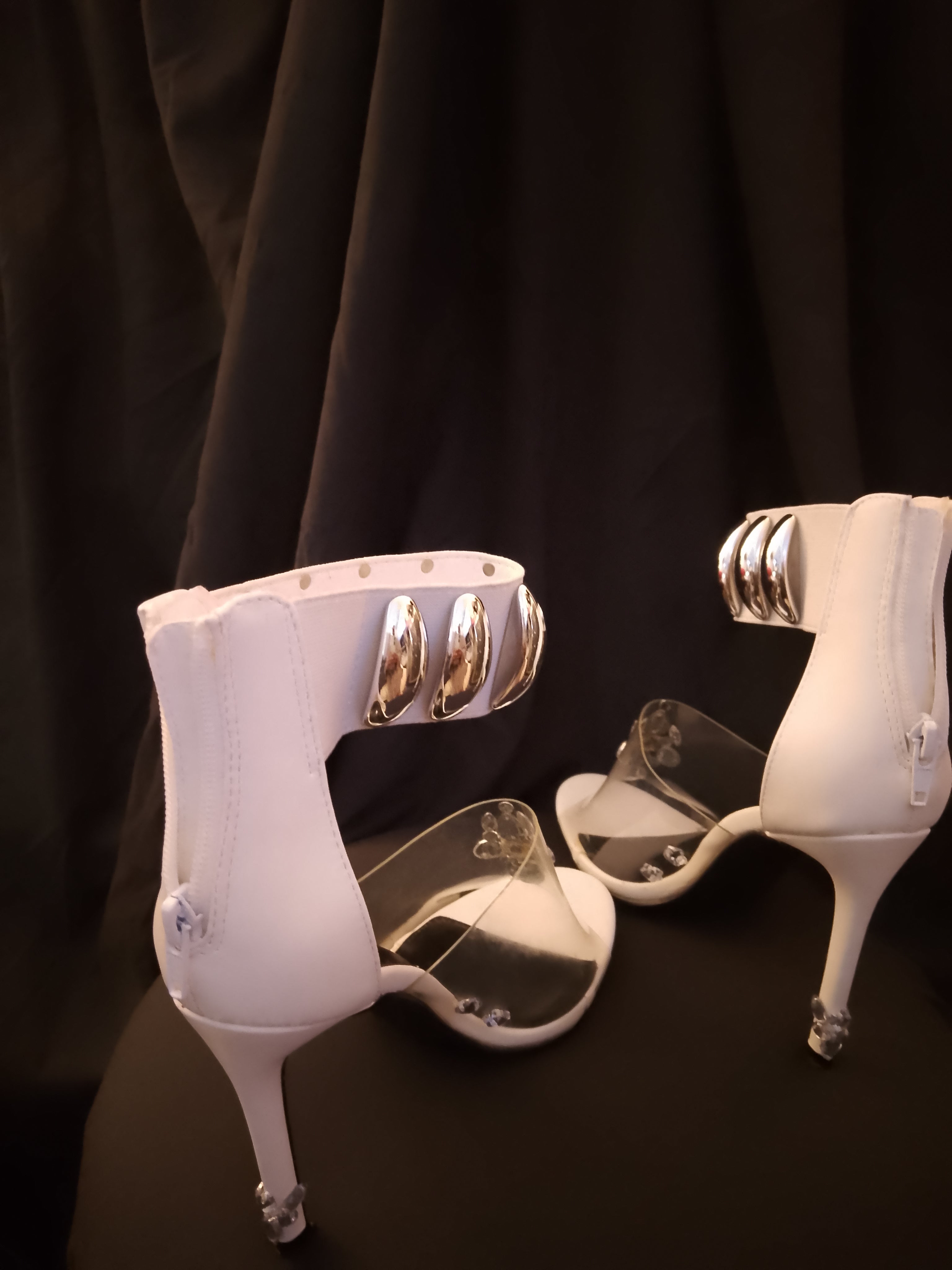 Naughty Or Nice White & Silver Thick Ankle Strap Stiletto Heel Pumps