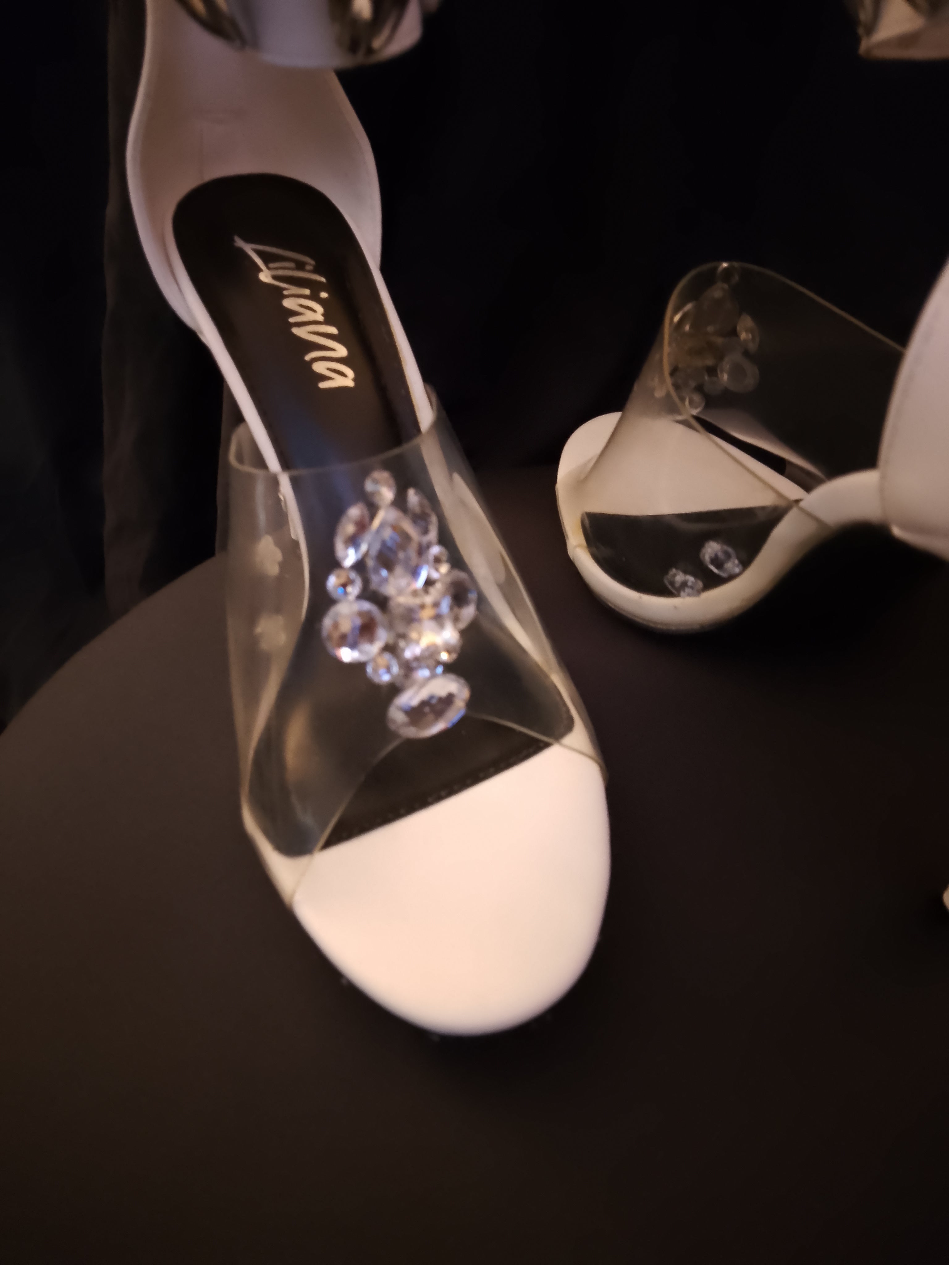 Naughty Or Nice White & Silver Thick Ankle Strap Stiletto Heel Pumps
