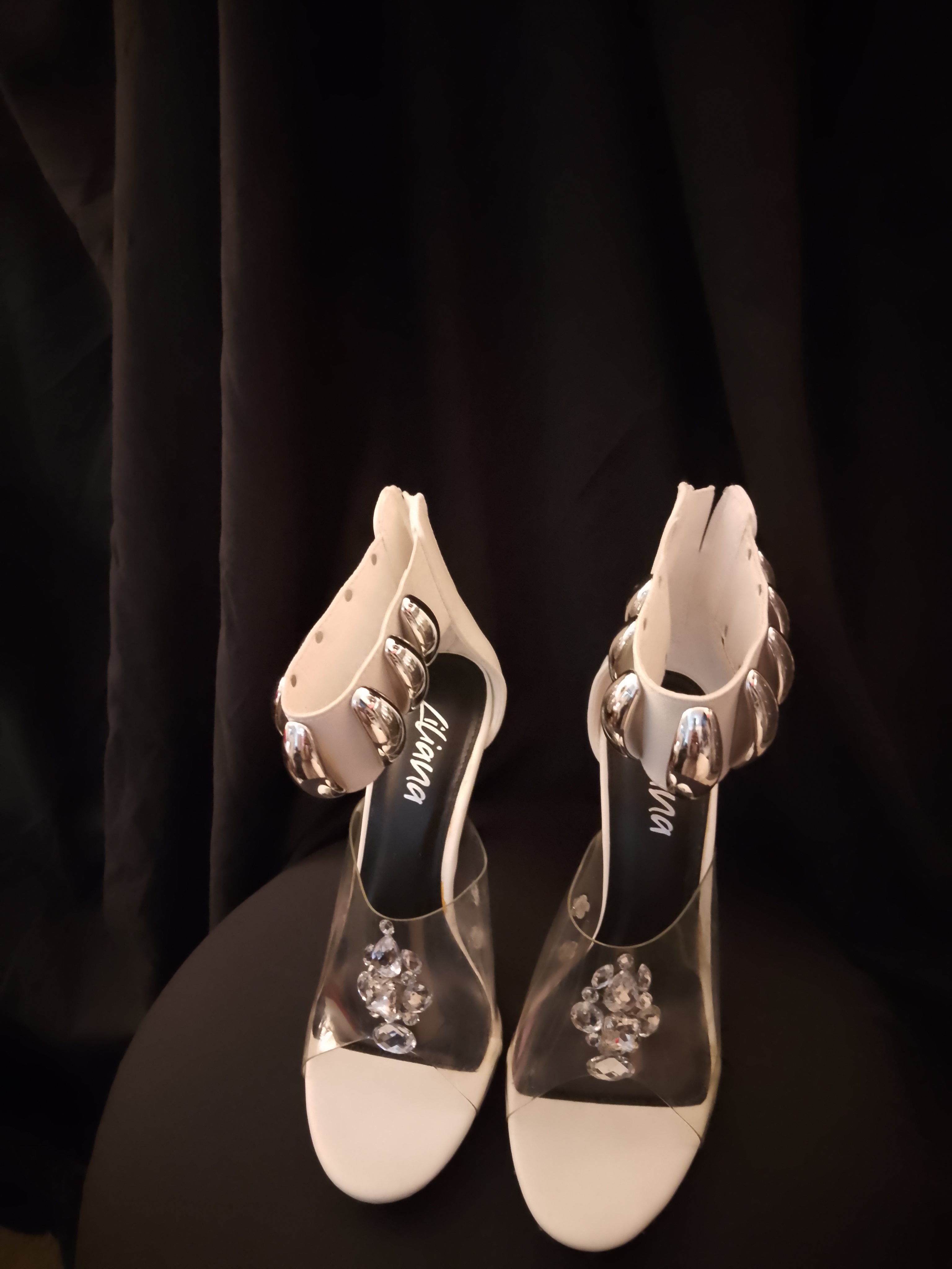 Naughty Or Nice White & Silver Thick Ankle Strap Stiletto Heel Pumps