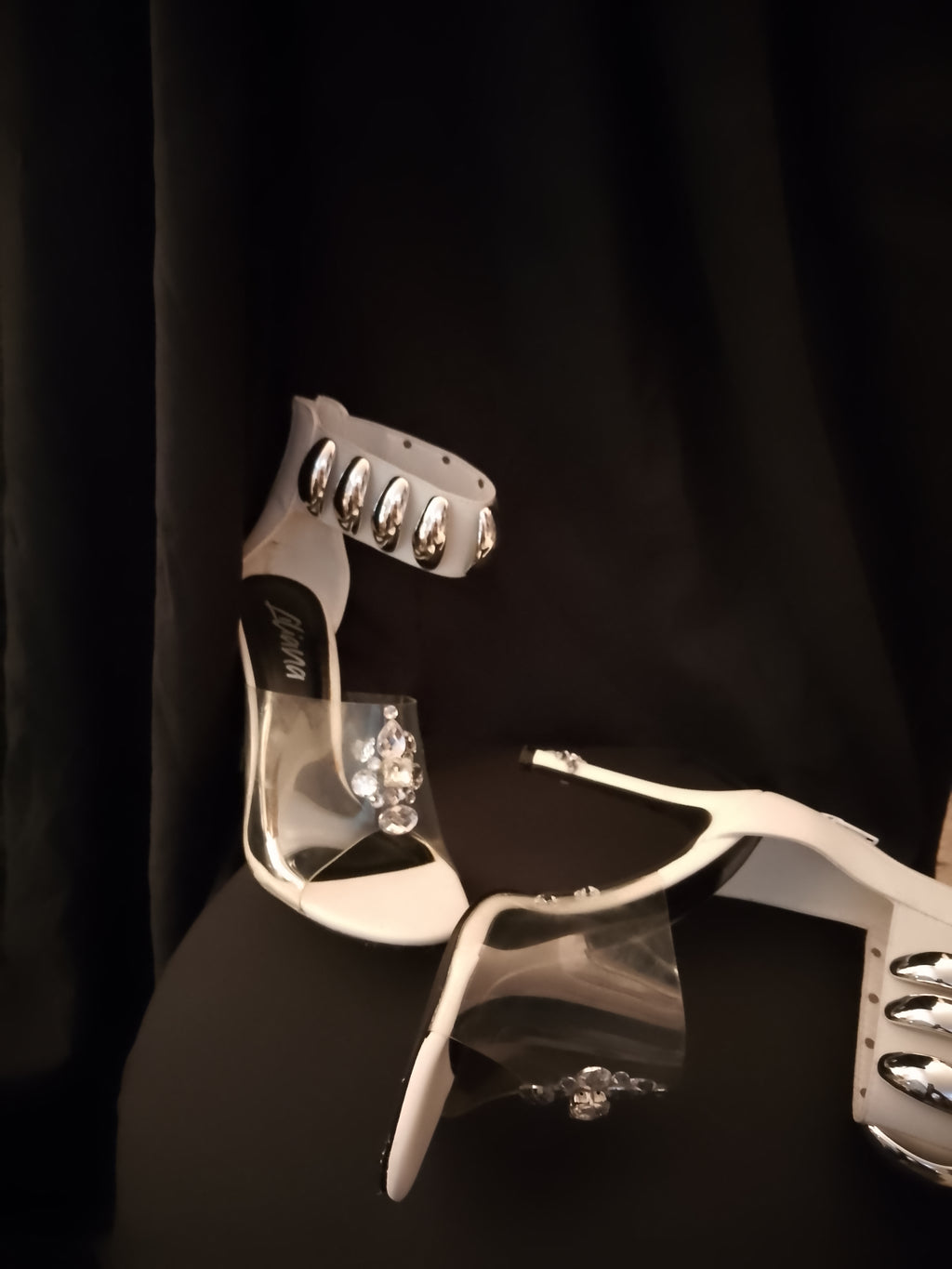 Naughty Or Nice White & Silver Thick Ankle Strap Stiletto Heel Pumps