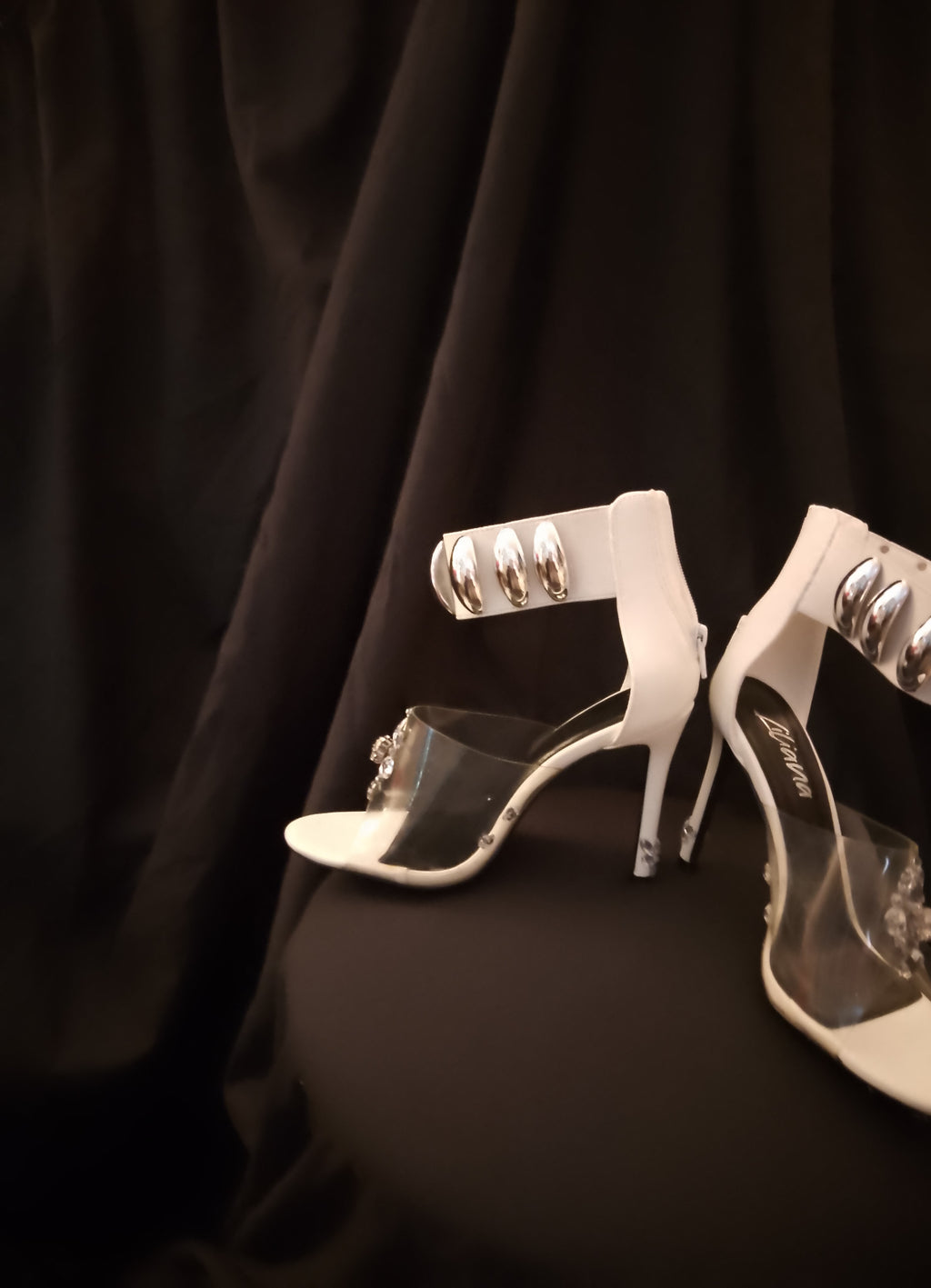 Naughty Or Nice White & Silver Thick Ankle Strap Stiletto Heel Pumps