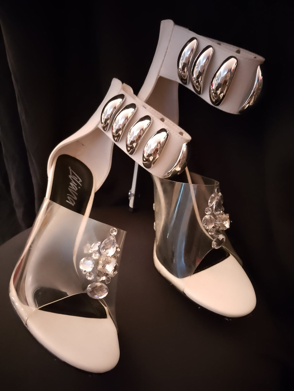 Naughty Or Nice White & Silver Thick Ankle Strap Stiletto Heel Pumps
