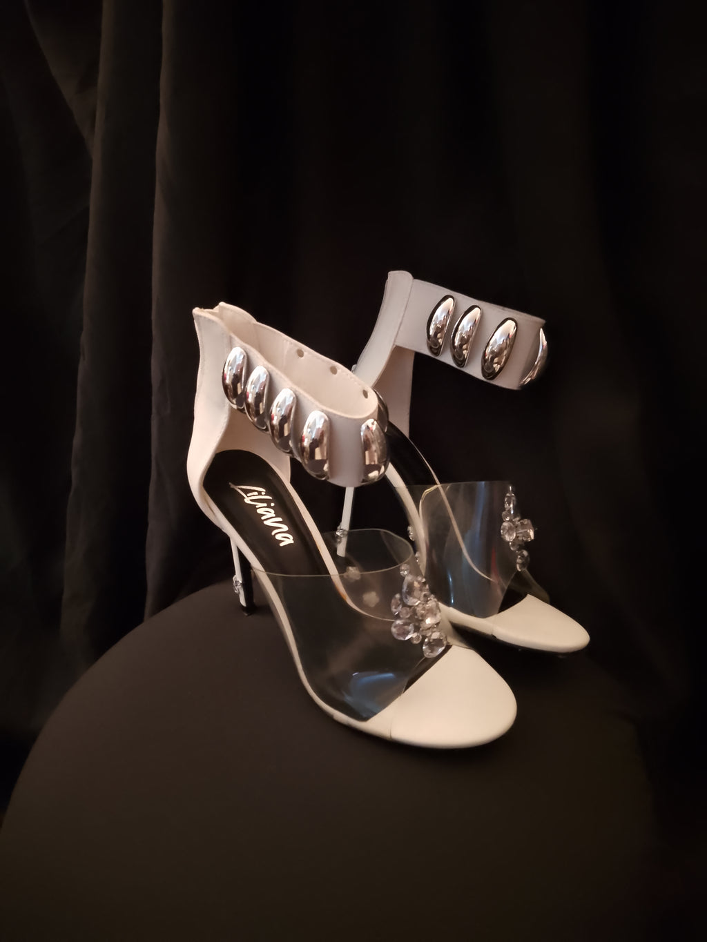 Naughty Or Nice White & Silver Thick Ankle Strap Stiletto Heel Pumps