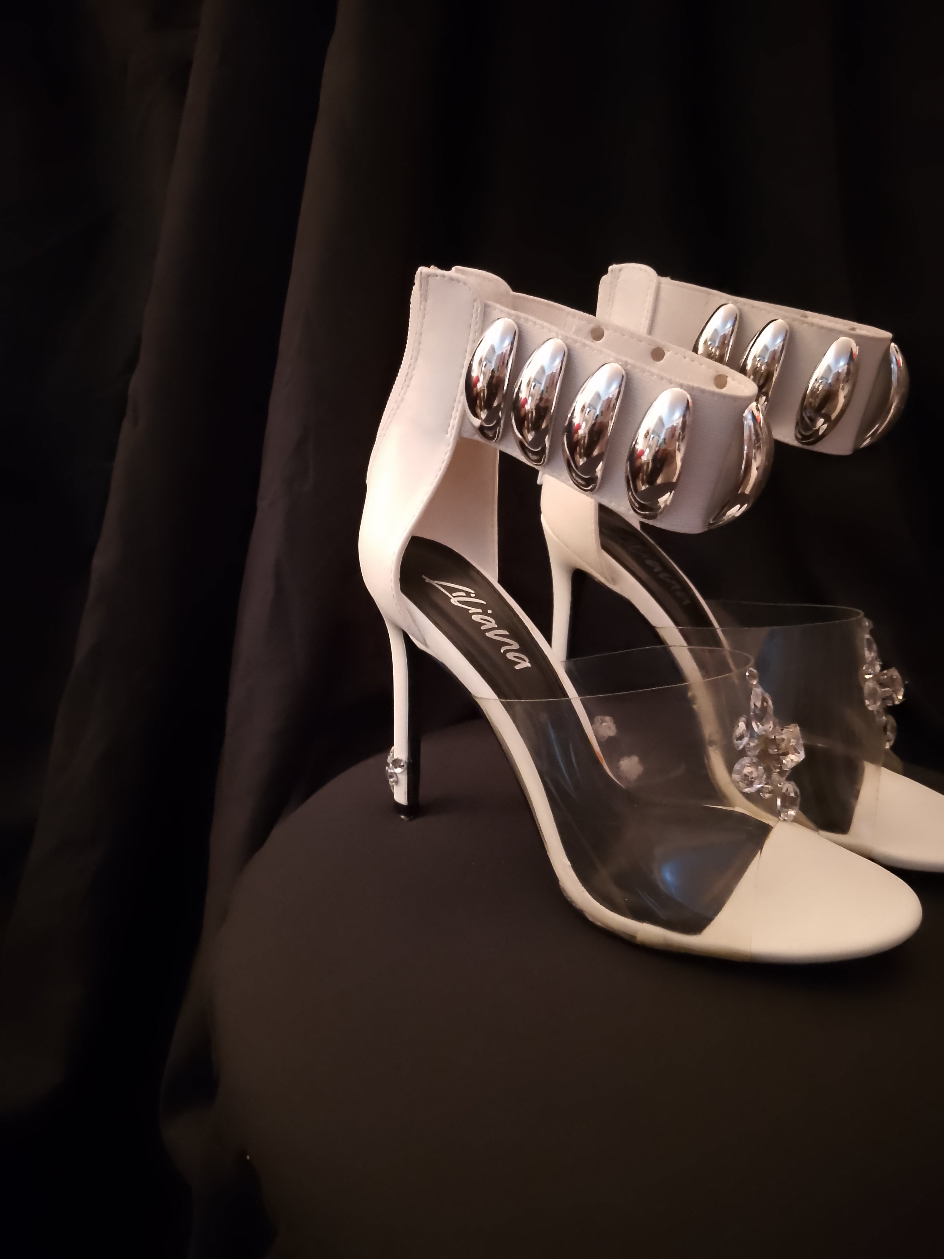 Naughty Or Nice White & Silver Thick Ankle Strap Stiletto Heel Pumps
