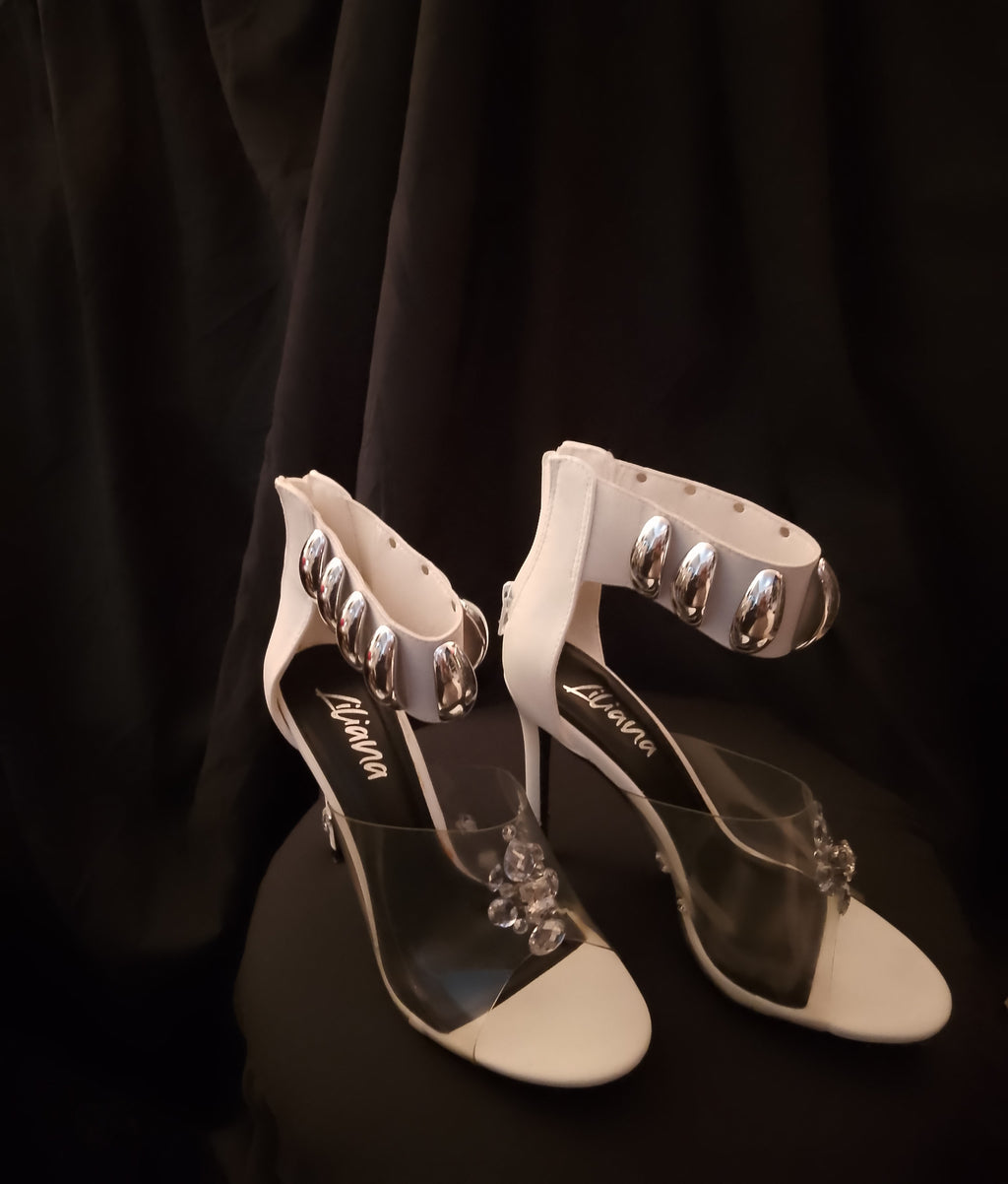 Naughty Or Nice White & Silver Thick Ankle Strap Stiletto Heel Pumps