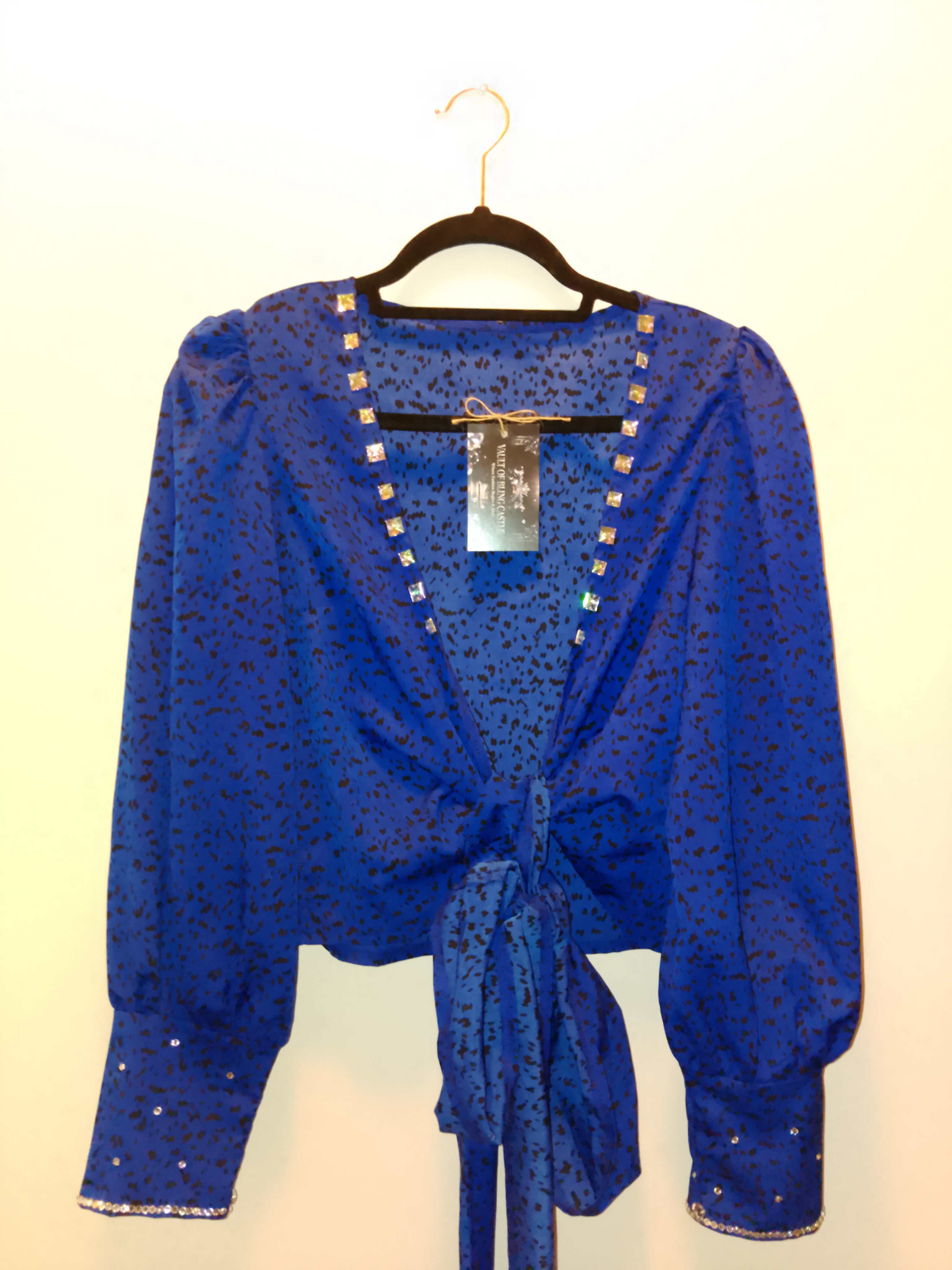 Old Money Imperial Blue Shimmer Long Sleeve  Crop Top Blouse