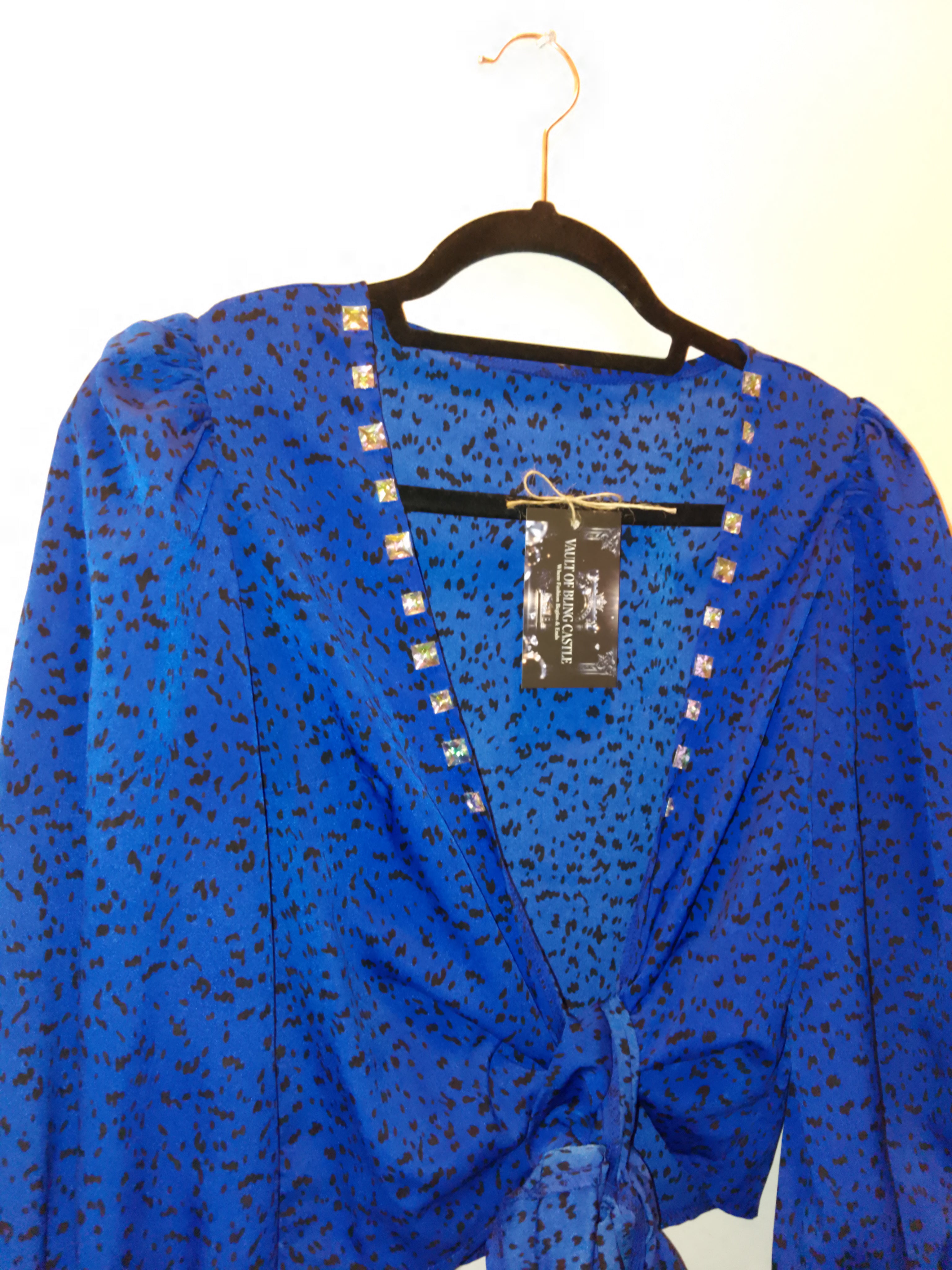 Old Money Imperial Blue Shimmer Long Sleeve  Crop Top Blouse