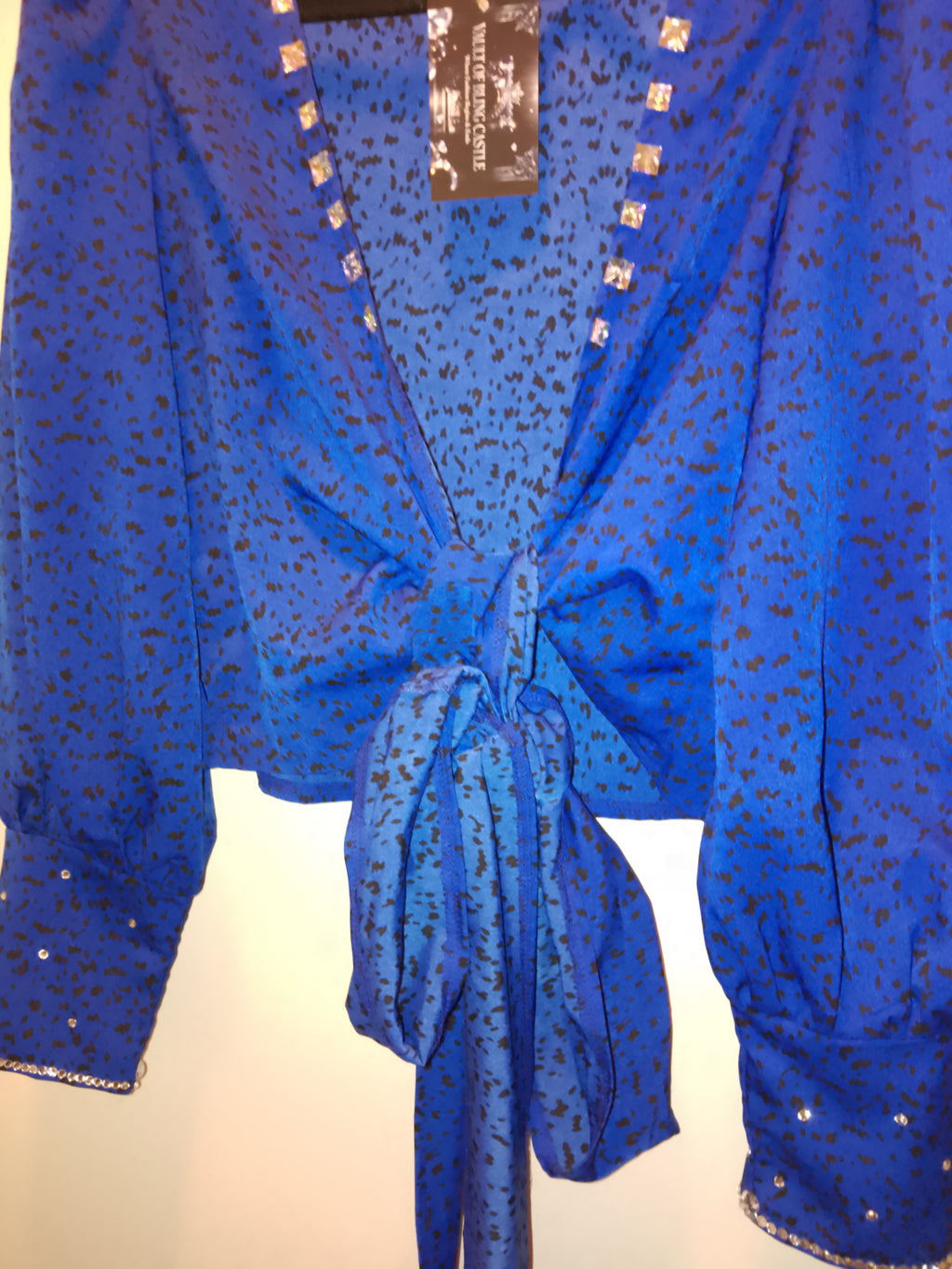 Old Money Imperial Blue Shimmer Long Sleeve  Crop Top Blouse