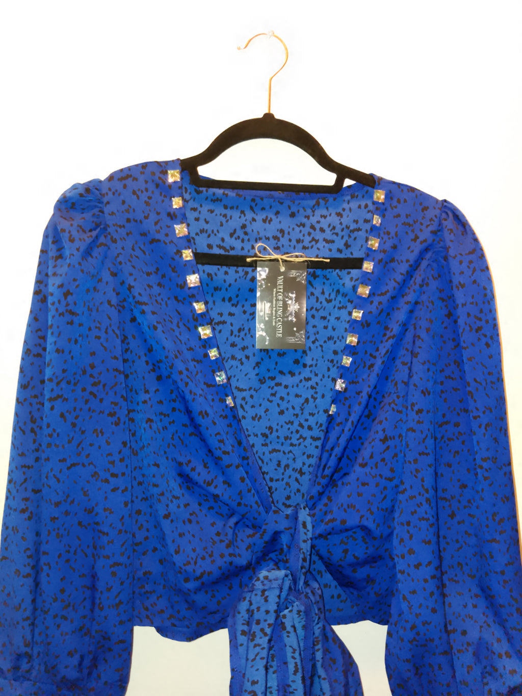 Old Money Imperial Blue Shimmer Long Sleeve  Crop Top Blouse