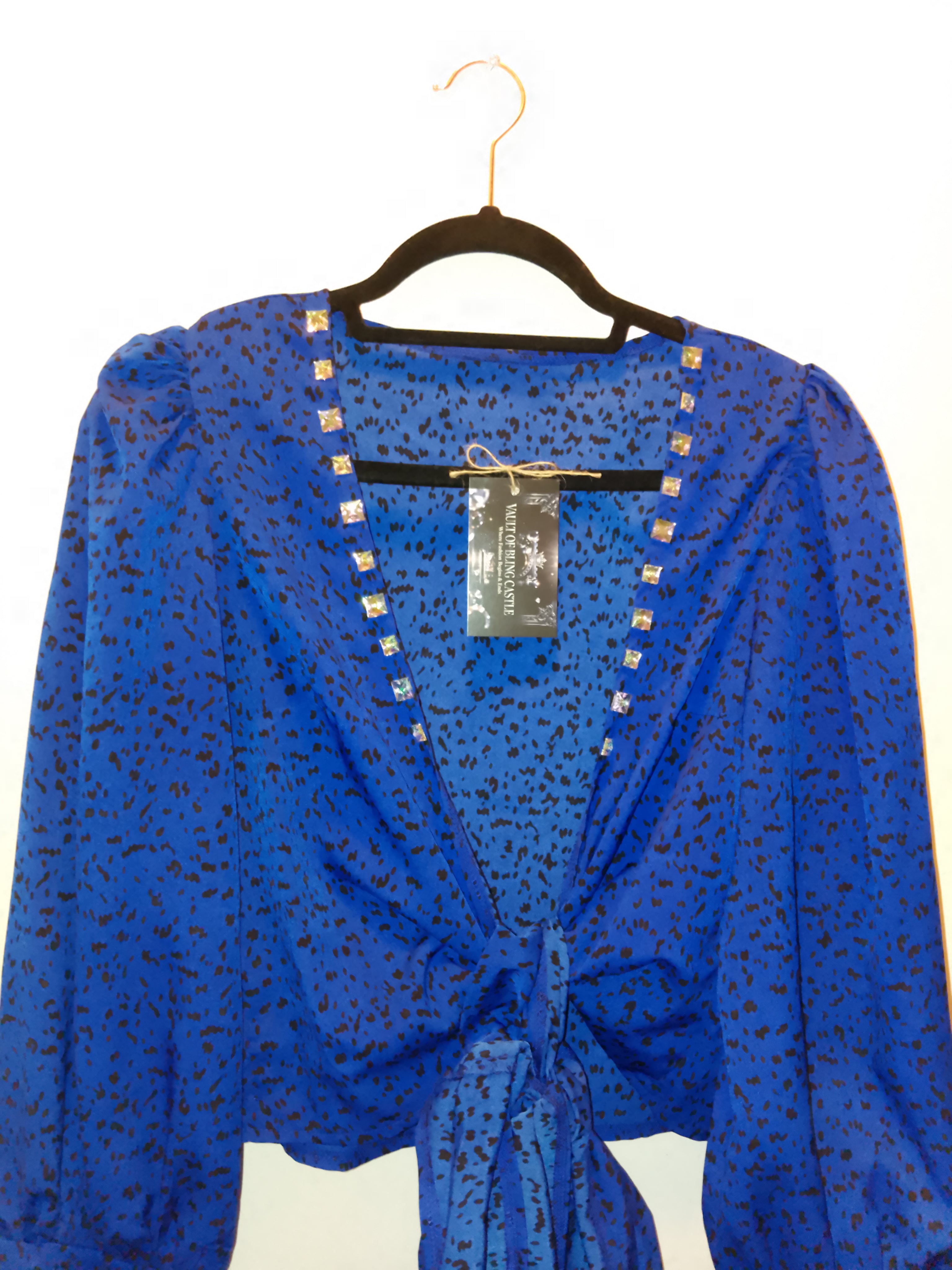 Old Money Imperial Blue Shimmer Long Sleeve  Crop Top Blouse