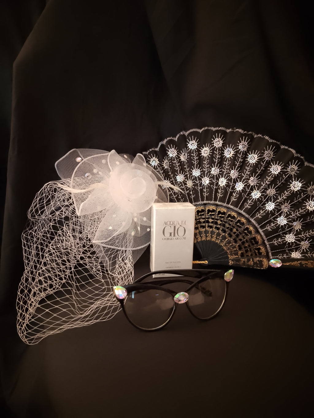 Go & Glow Bundle #503 - Women - Spray Perfume, Cat Eye Glasses, Clip-On Veil Hat, Flip-Out Hand Fan