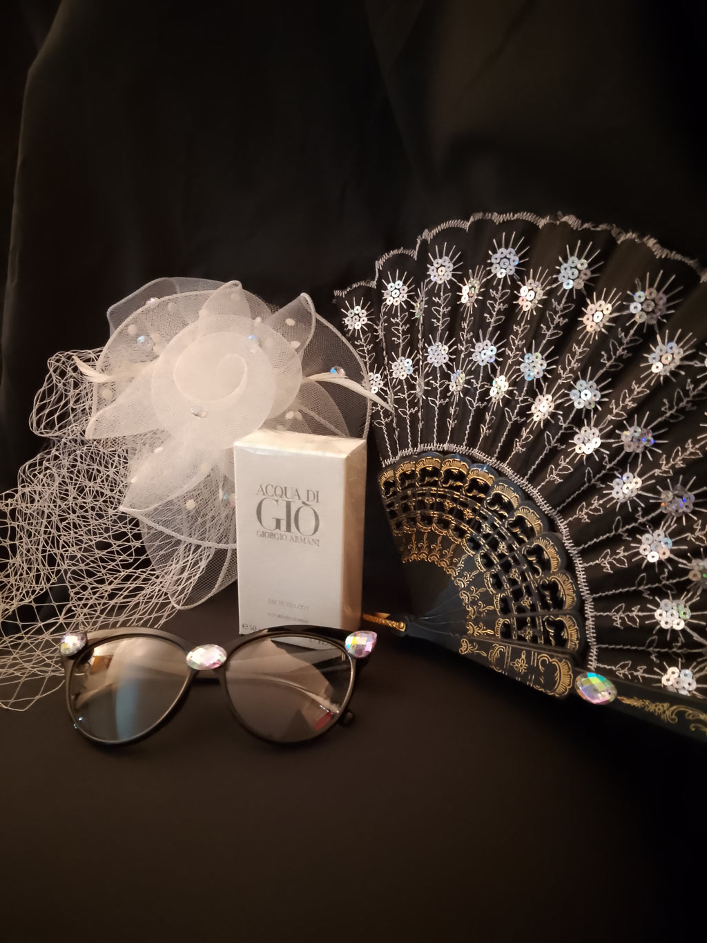 Go & Glow Bundle #503 - Women - Spray Perfume, Cat Eye Glasses, Clip-On Veil Hat, Flip-Out Hand Fan
