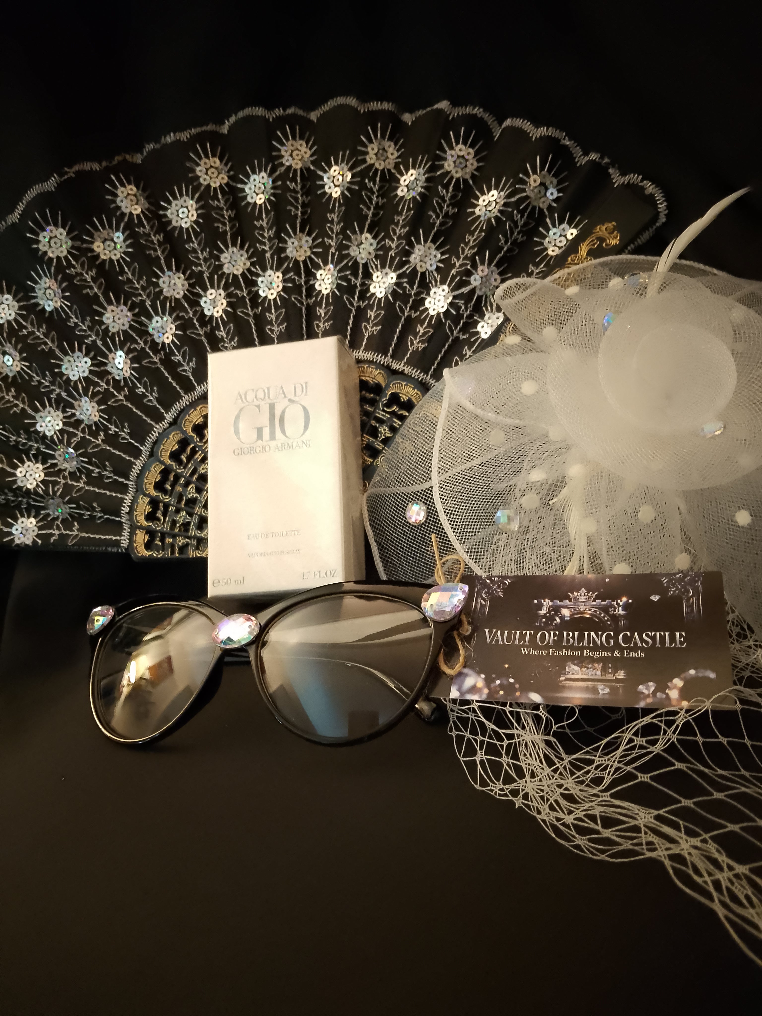 Go & Glow Bundle #503 - Women - Spray Perfume, Cat Eye Glasses, Clip-On Veil Hat, Flip-Out Hand Fan