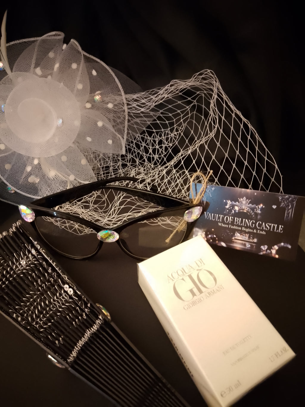 Go & Glow Bundle #503 - Women - Spray Perfume, Cat Eye Glasses, Clip-On Veil Hat, Flip-Out Hand Fan