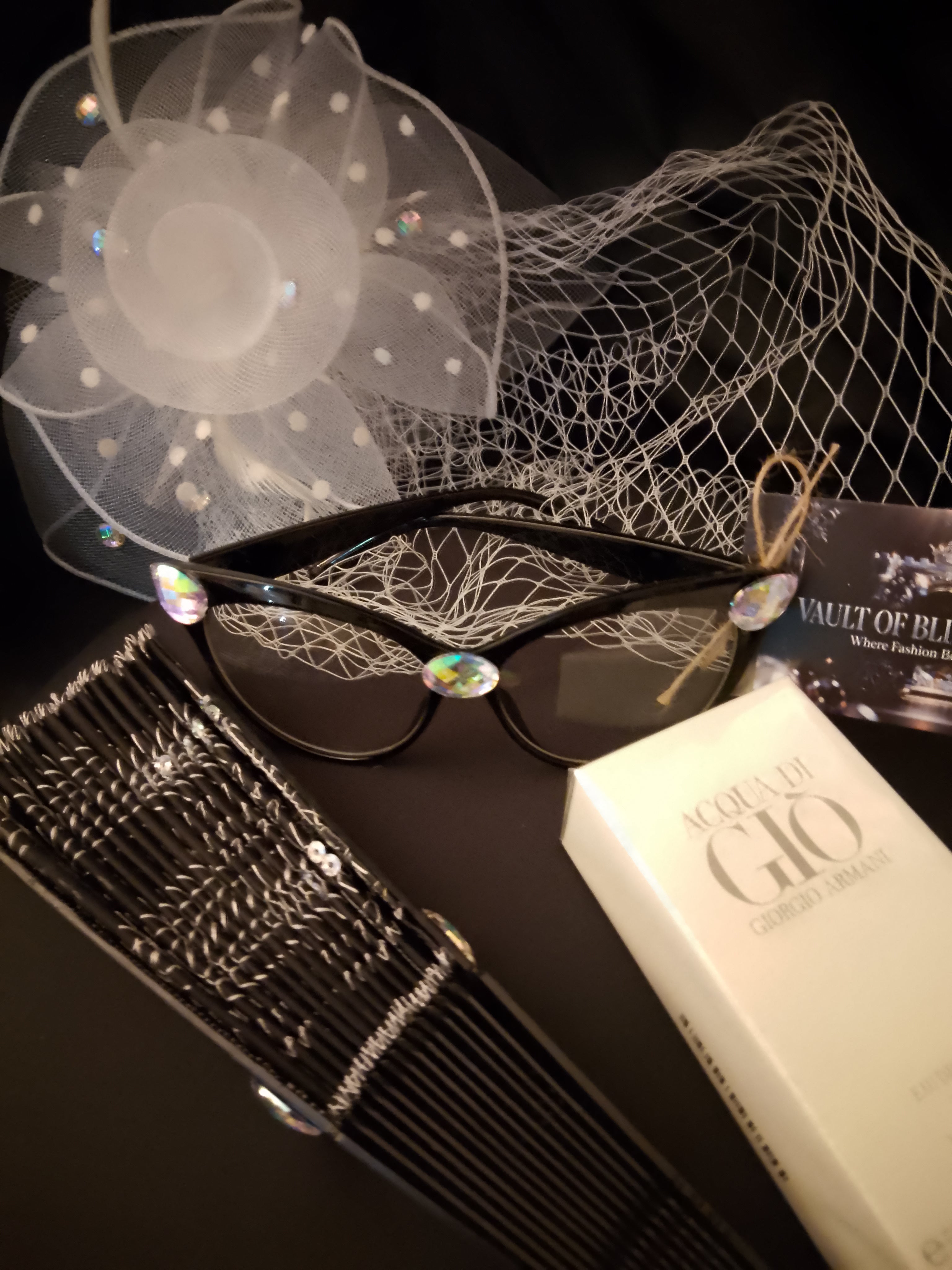 Go & Glow Bundle #503 - Women - Spray Perfume, Cat Eye Glasses, Clip-On Veil Hat, Flip-Out Hand Fan