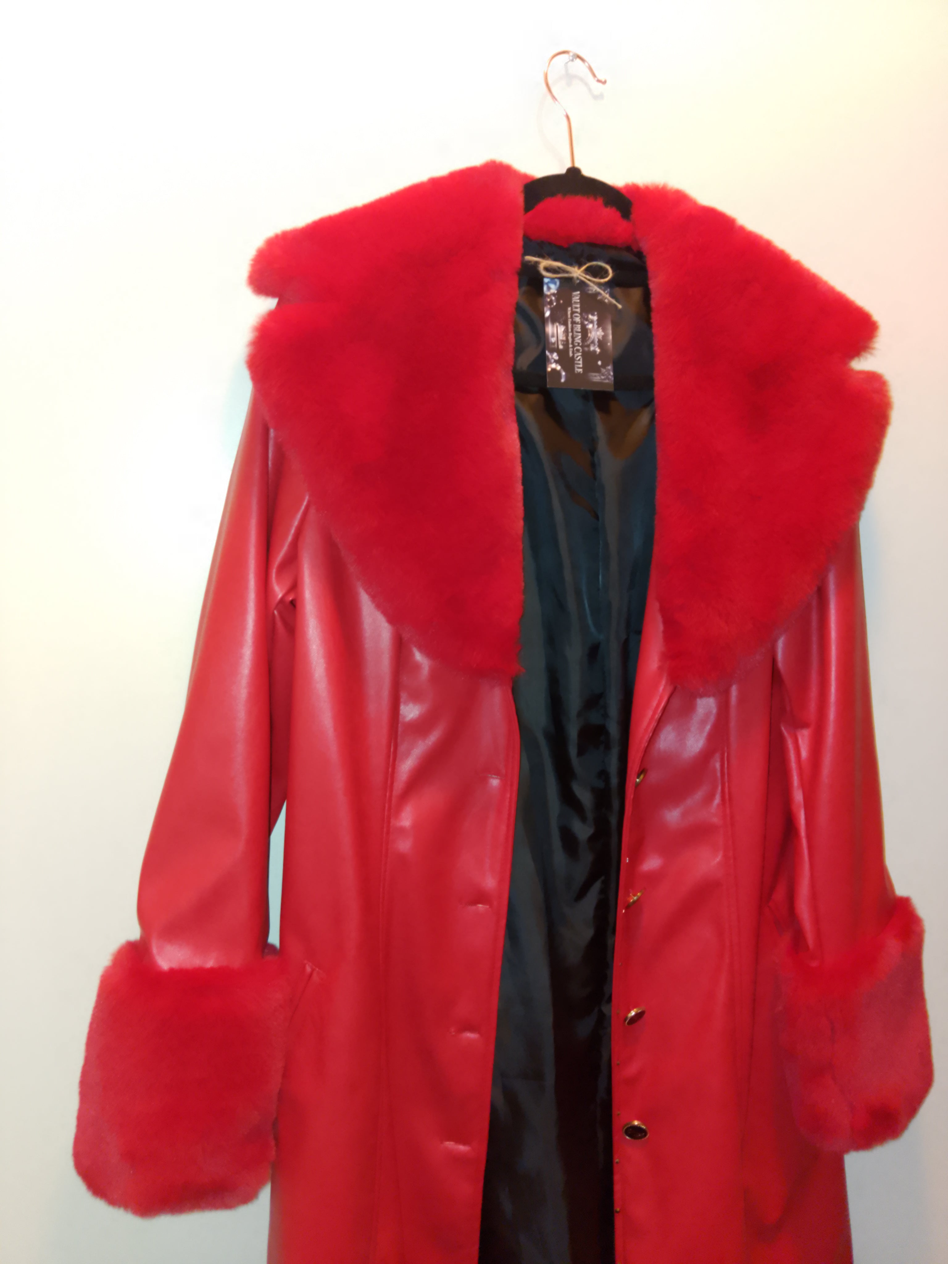 Crimson Empress Of Paradise Red Faux Leather Women's Trench Coat