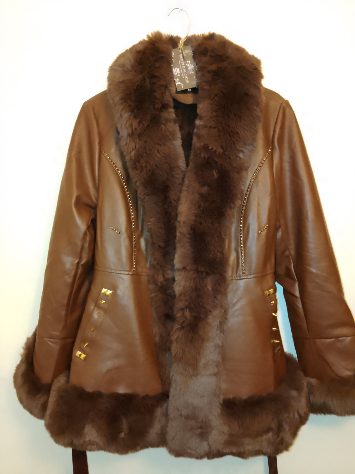 Two Tone Dark Brown Cherry Hill Thick Faux Leather Women's Coat