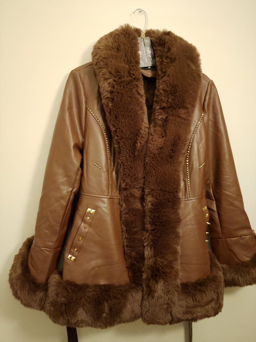 Two Tone Dark Brown Cherry Hill Thick Faux Leather Women's Coat