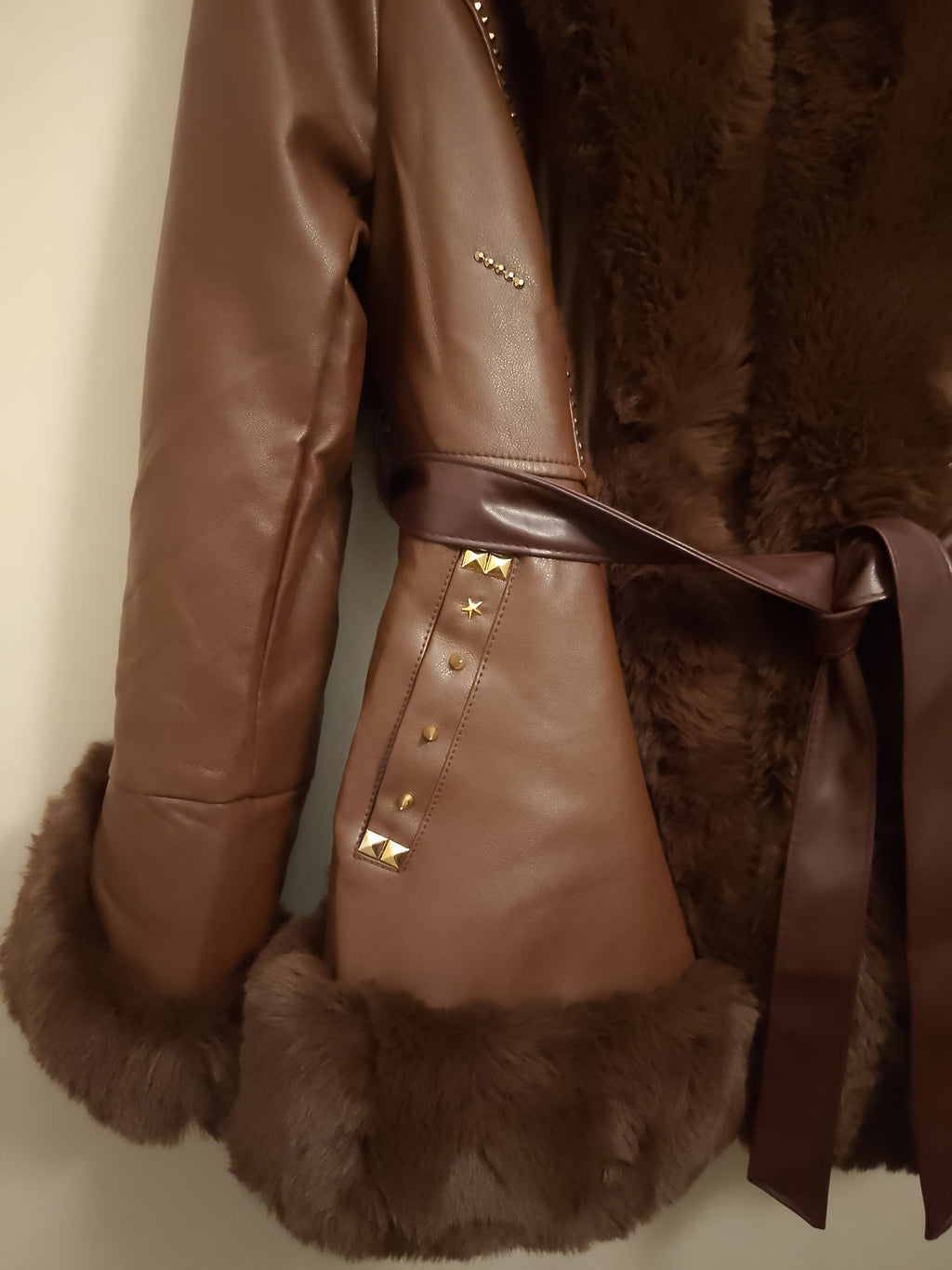 Two Tone Dark Brown Cherry Hill Thick Faux Leather Women's Coat