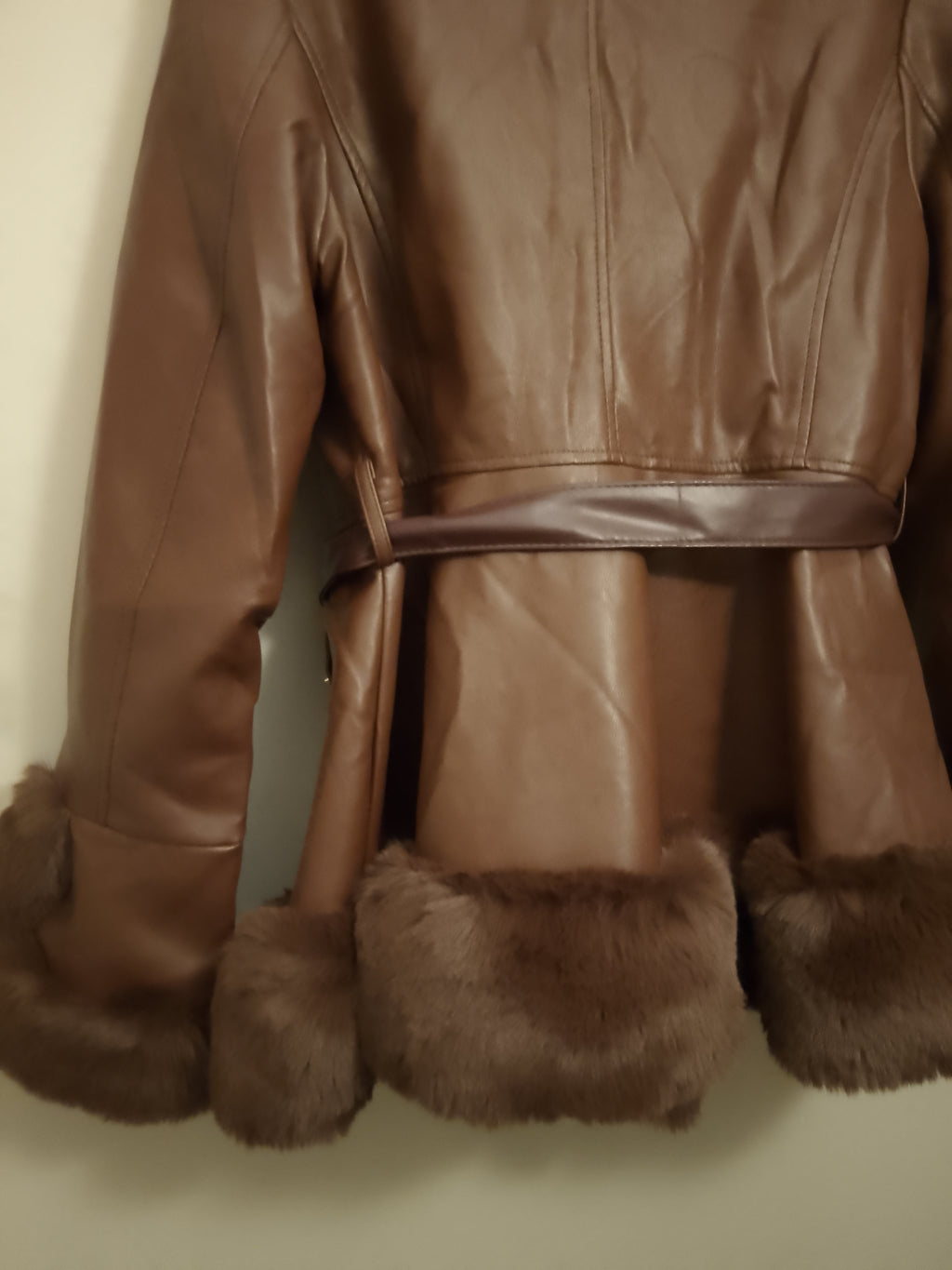 Two Tone Dark Brown Cherry Hill Thick Faux Leather Women's Coat