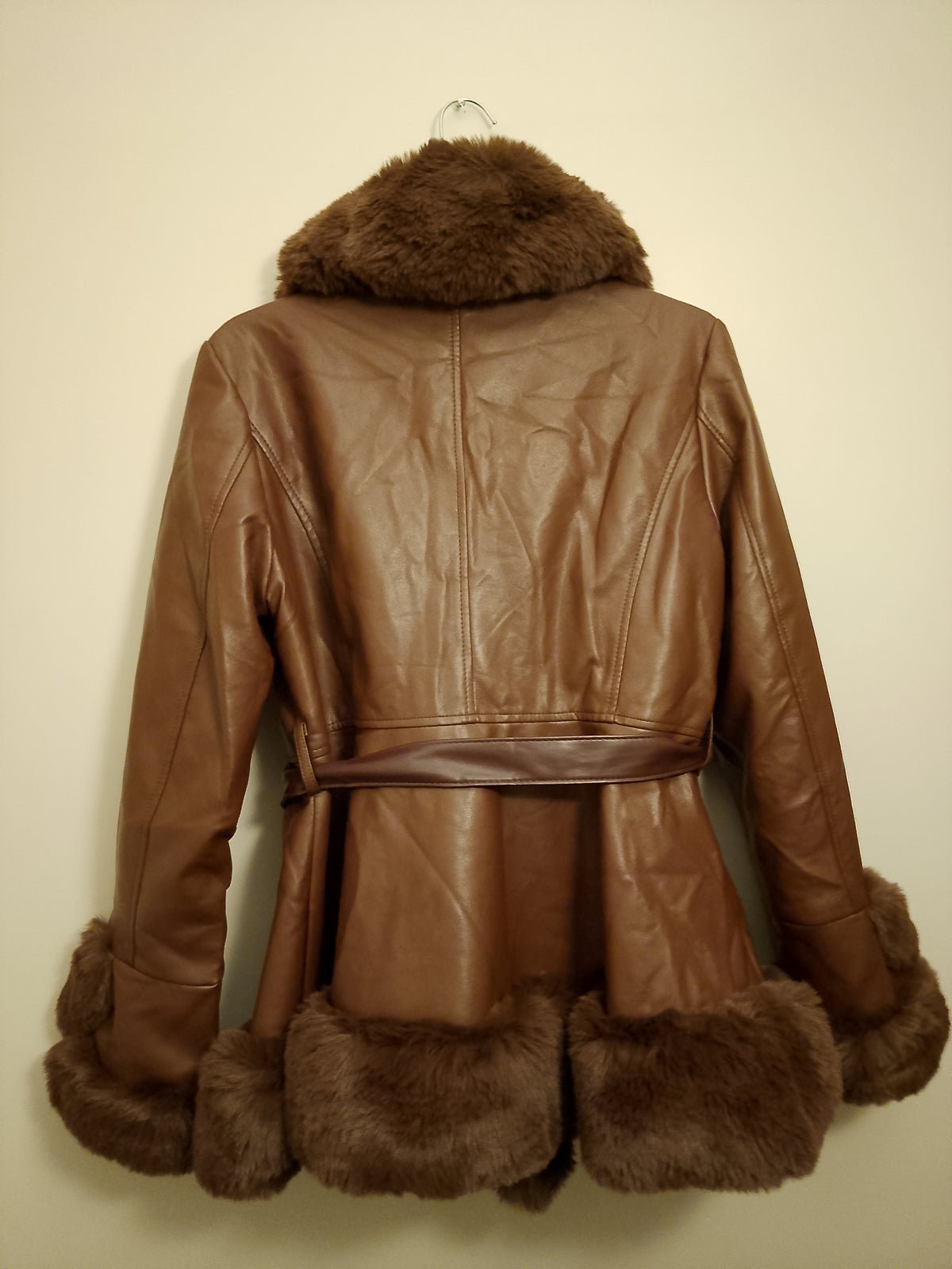 Two Tone Dark Brown Cherry Hill Thick Faux Leather Women's Coat