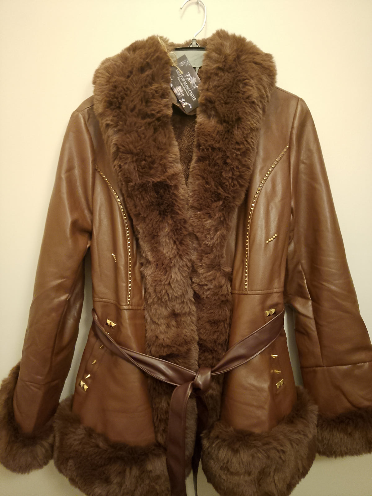Two Tone Dark Brown Cherry Hill Thick Faux Leather Women's Coat