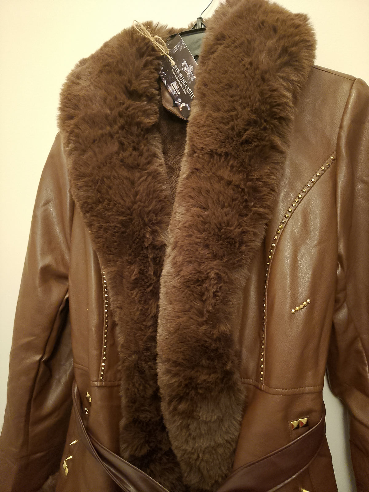 Two Tone Dark Brown Cherry Hill Thick Faux Leather Women's Coat
