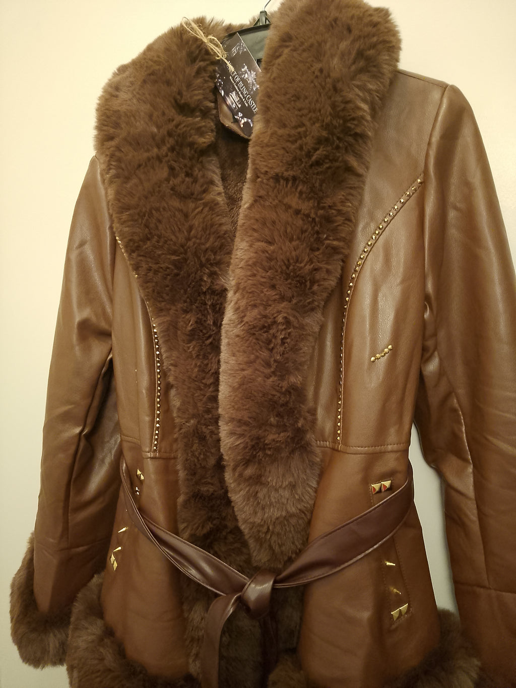 Two Tone Dark Brown Cherry Hill Thick Faux Leather Women's Coat