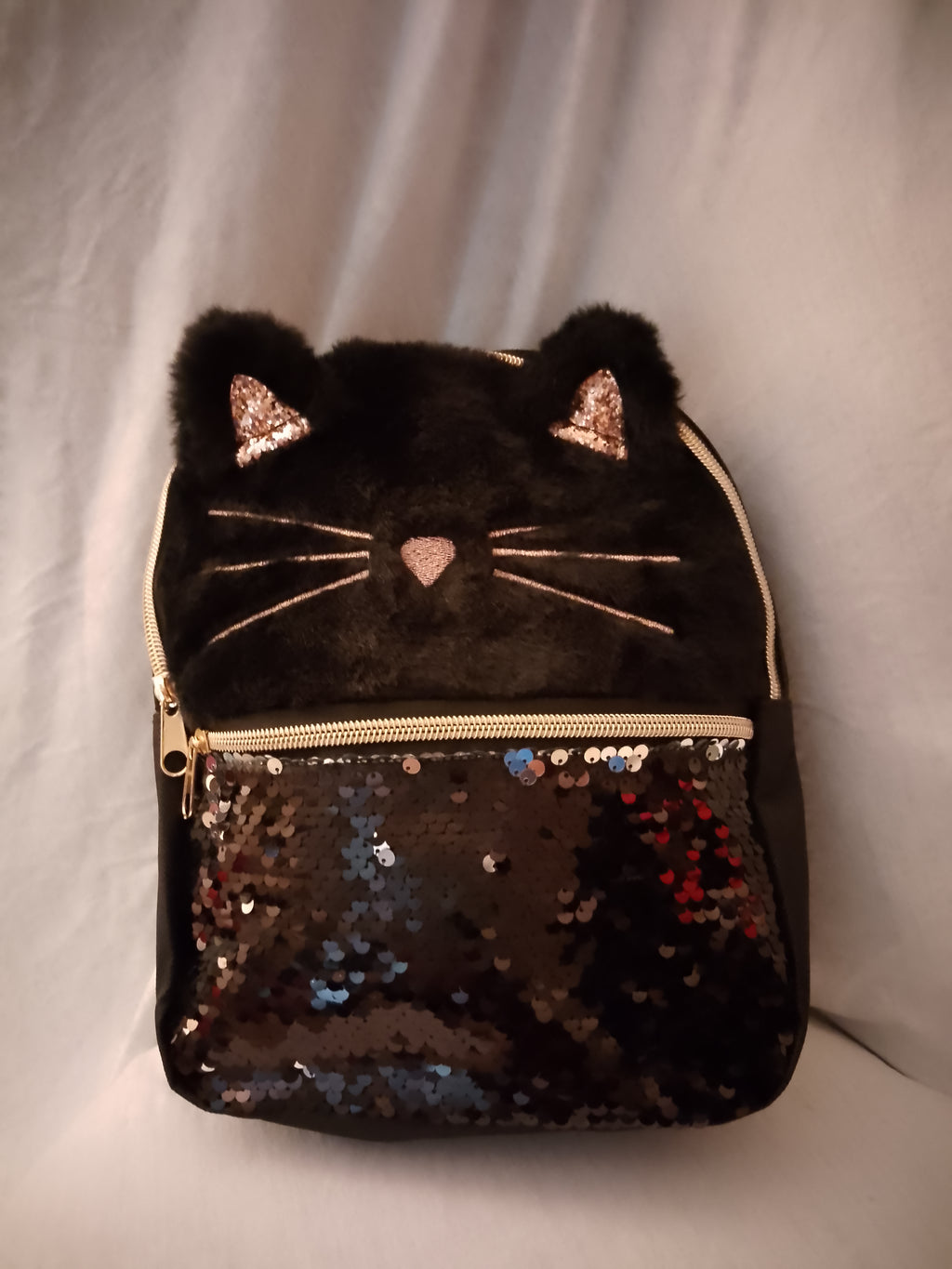 Meow Kitty Rose Gold Ears Girl's Mini Black Zip Up Pouch Backpack
