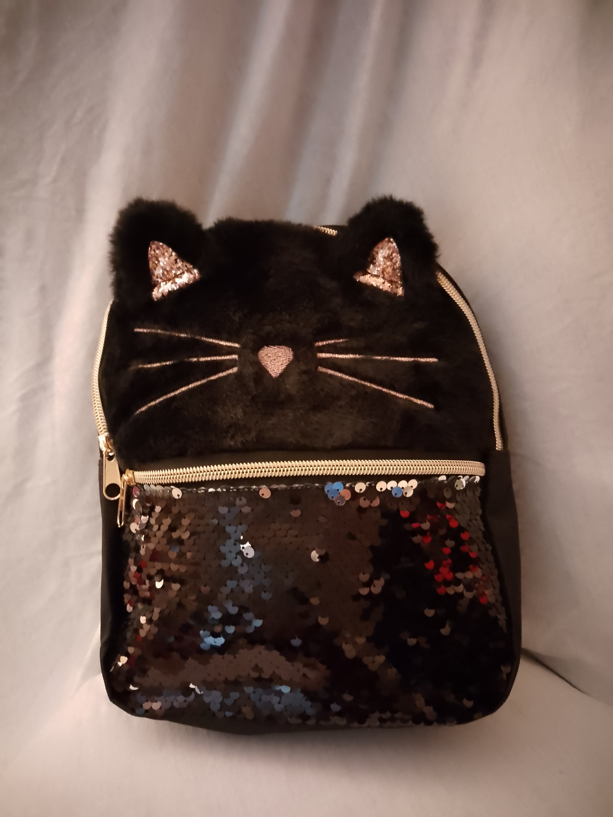 Meow Kitty Rose Gold Ears Girl's Mini Black Zip Up Pouch Backpack