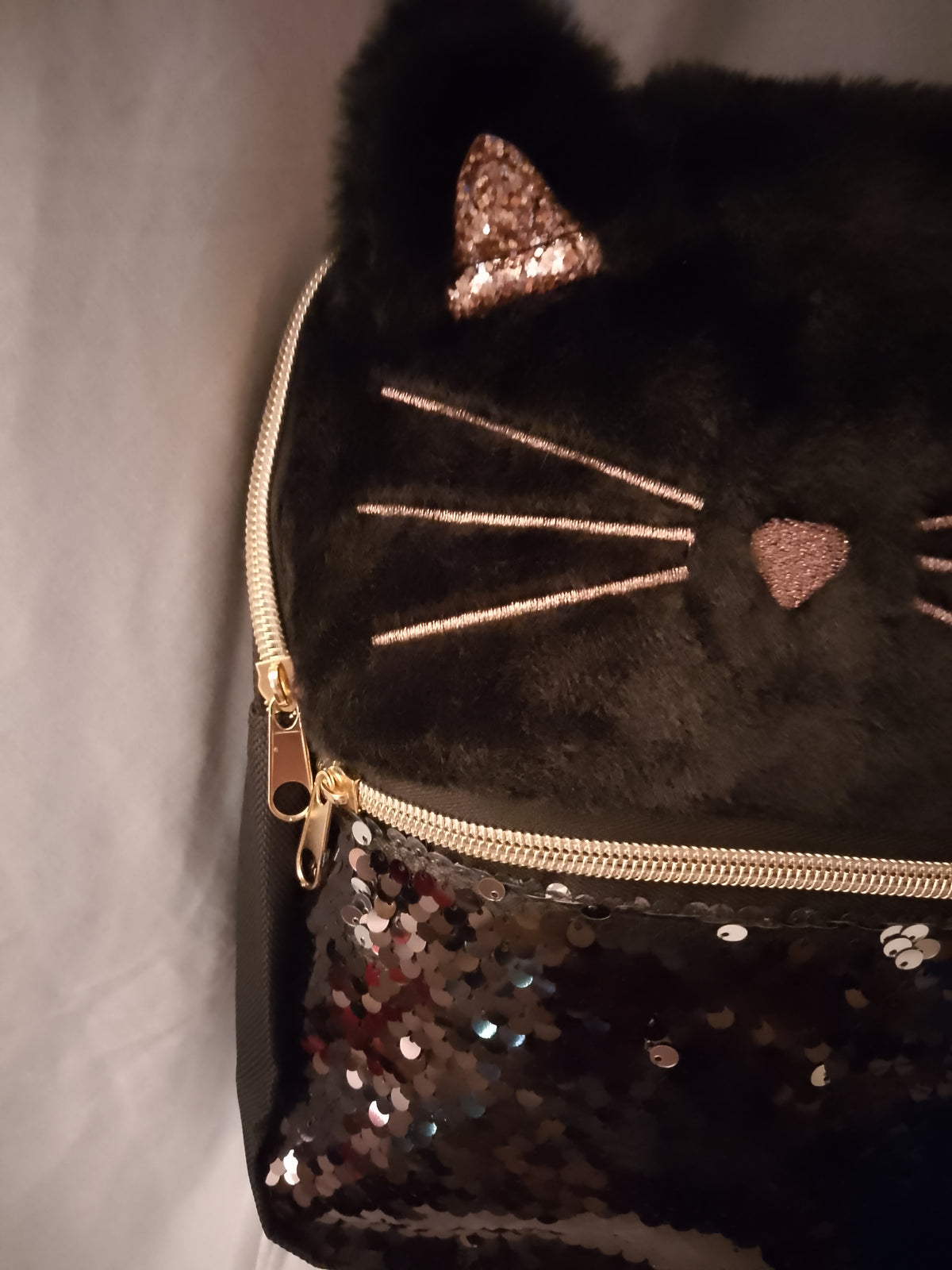 Meow Kitty Rose Gold Ears Girl's Mini Black Zip Up Pouch Backpack