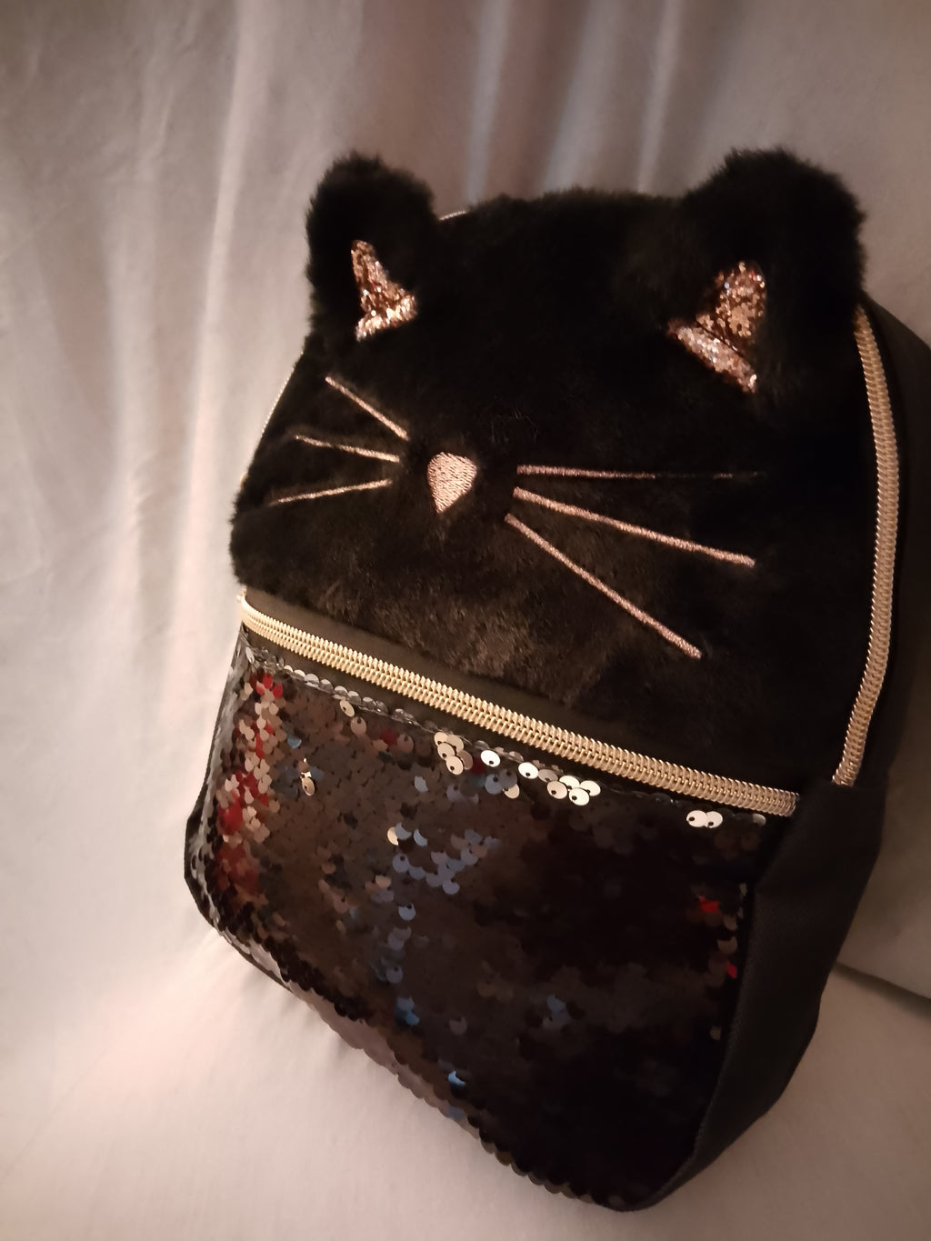 Meow Kitty Rose Gold Ears Girl's Mini Black Zip Up Pouch Backpack