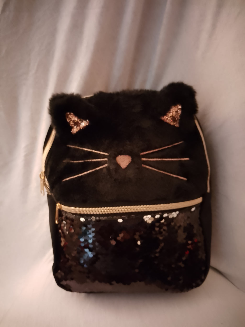 Meow Kitty Rose Gold Ears Girl's Mini Black Zip Up Pouch Backpack