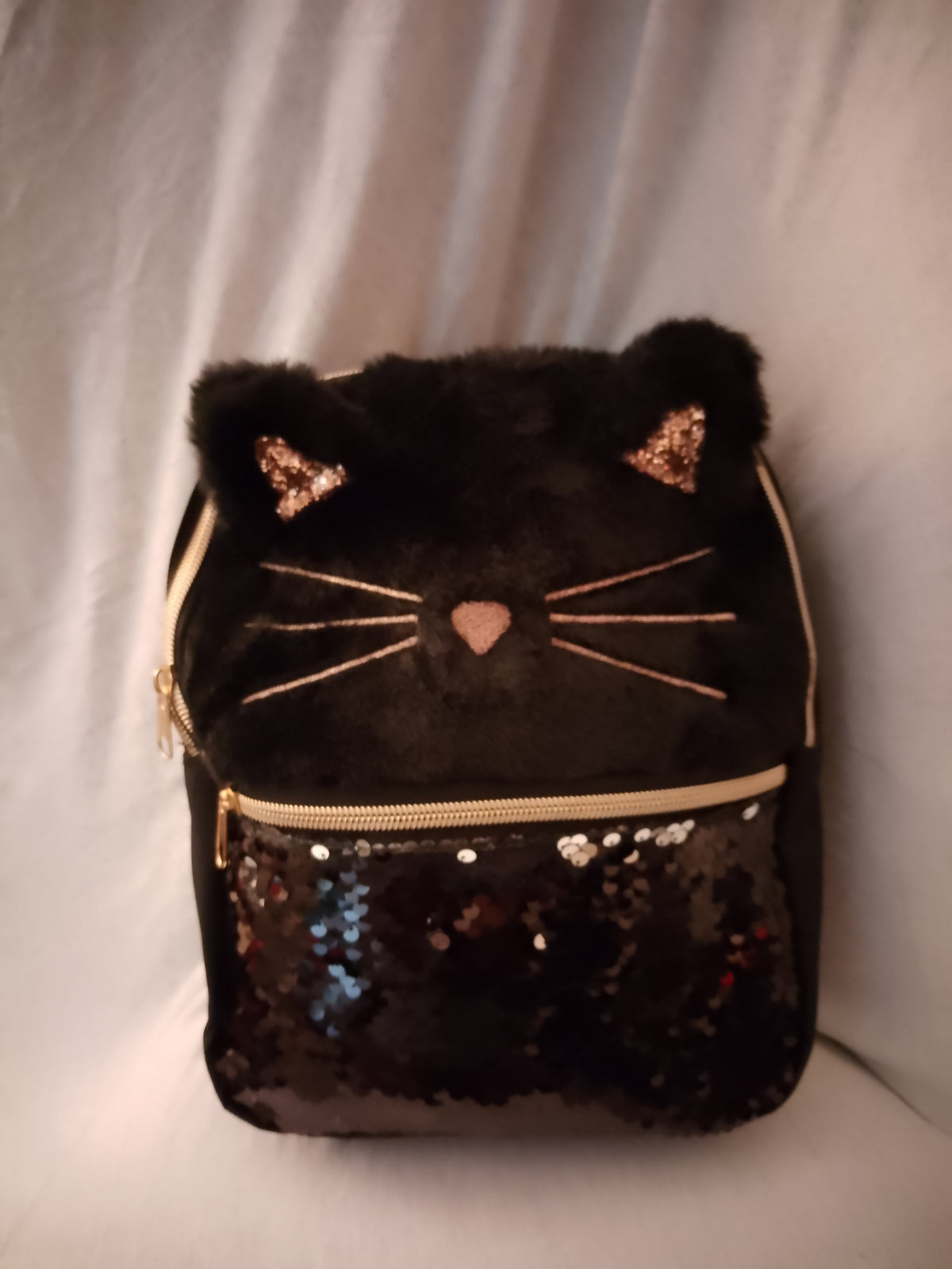 Meow Kitty Rose Gold Ears Girl's Mini Black Zip Up Pouch Backpack