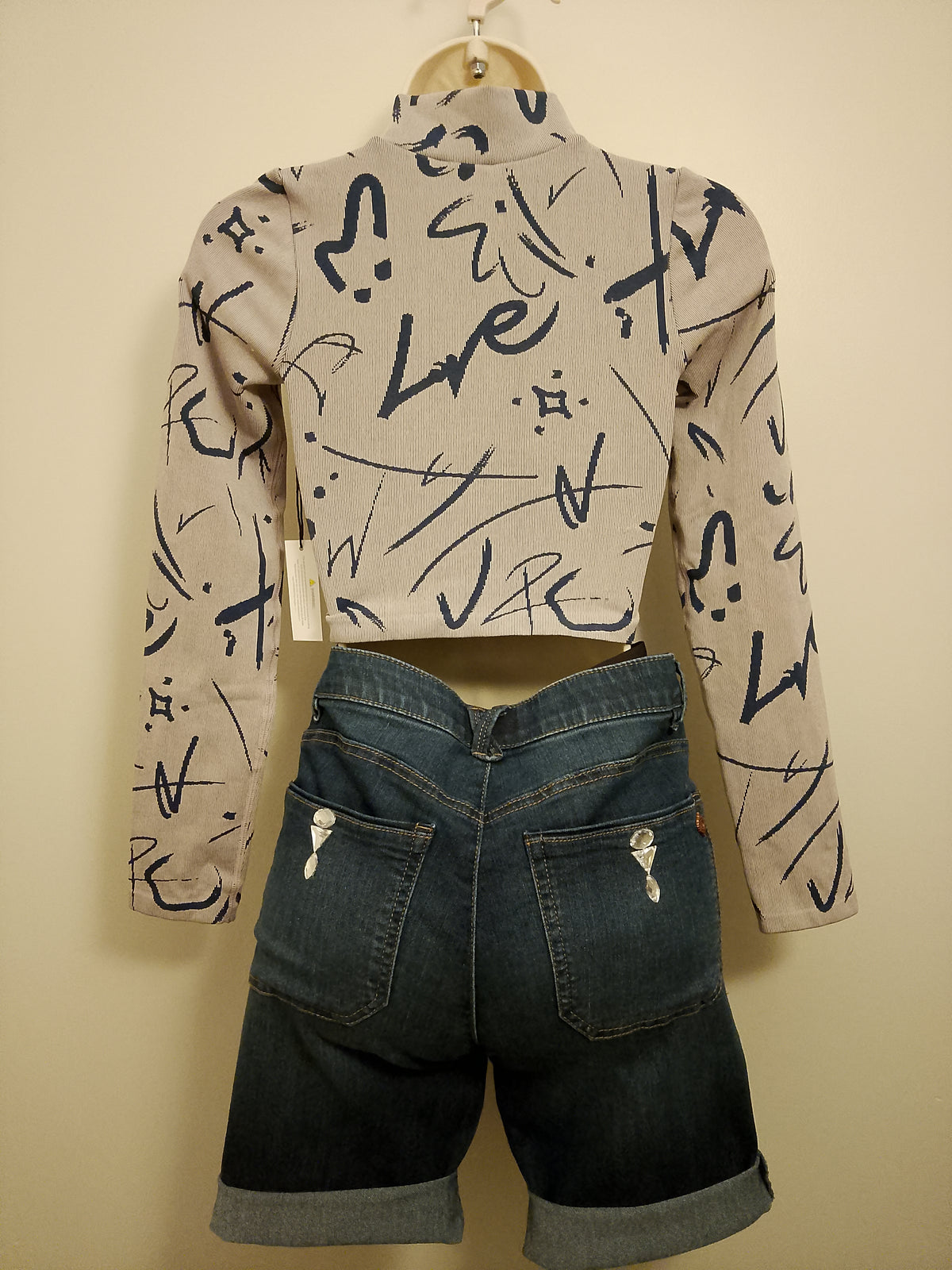 Misty Aero Soft Grey & Navy Blue Zip Stretch Crop Top