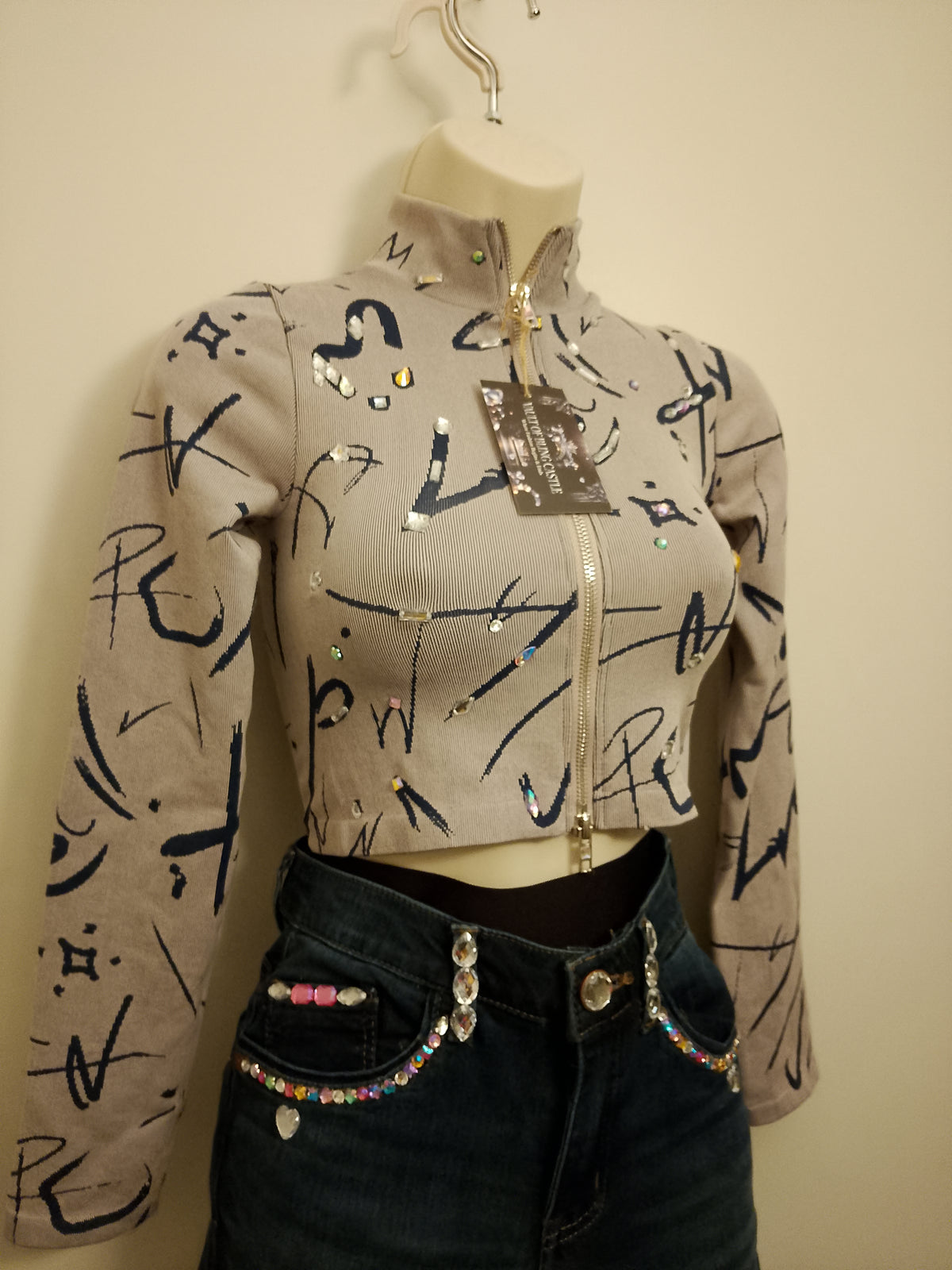 Misty Aero Soft Grey & Navy Blue Zip Stretch Crop Top