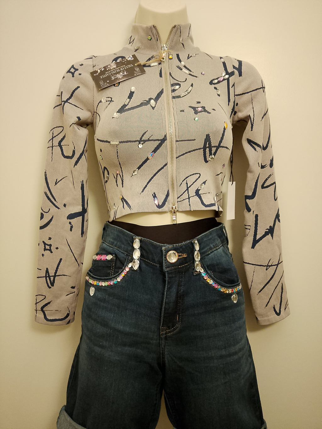 Misty Aero Soft Grey & Navy Blue Zip Stretch Crop Top