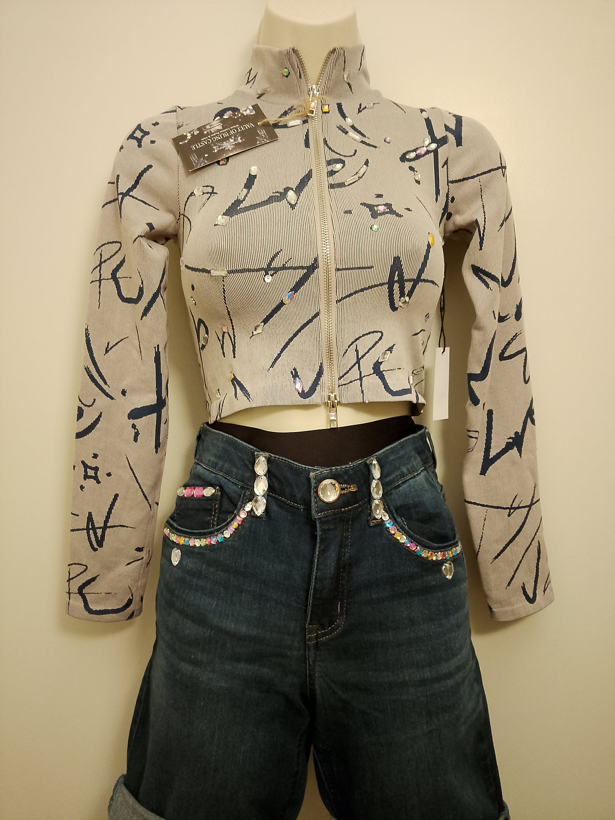 Misty Aero Soft Grey & Navy Blue Zip Stretch Crop Top