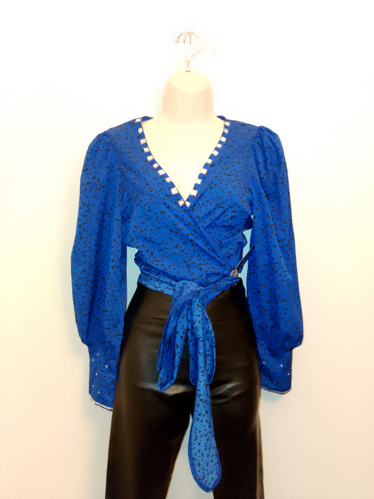 Old Money Imperial Blue Shimmer Long Sleeve  Crop Top Blouse