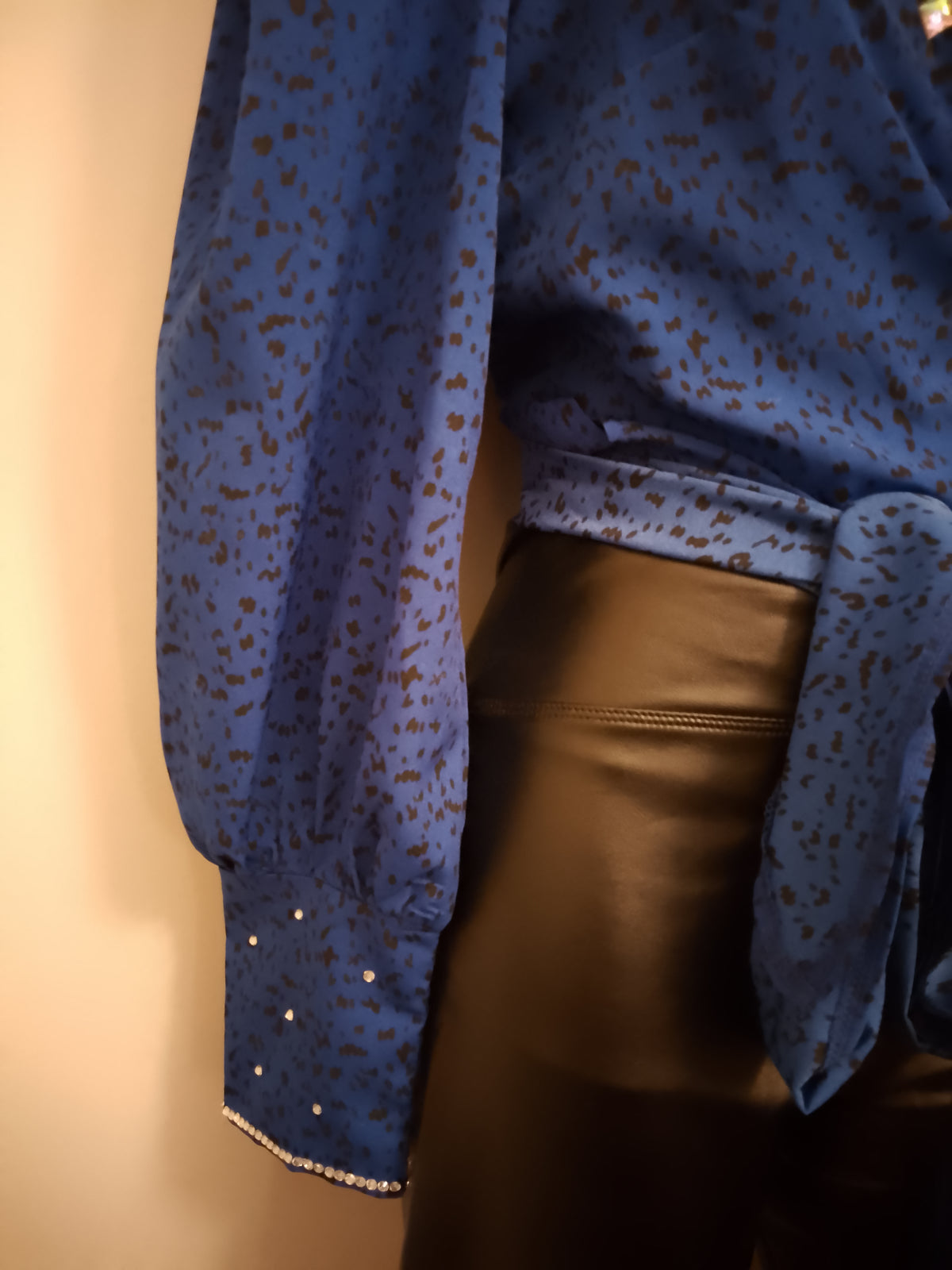 Old Money Imperial Blue Shimmer Long Sleeve  Crop Top Blouse