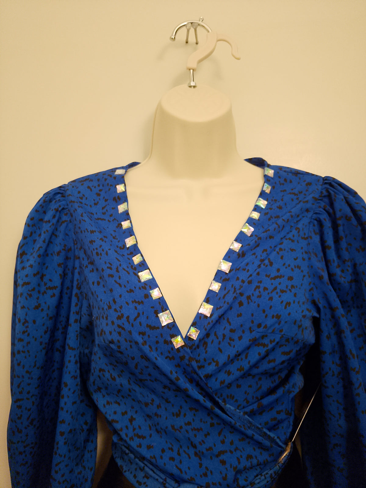 Old Money Imperial Blue Shimmer Long Sleeve  Crop Top Blouse