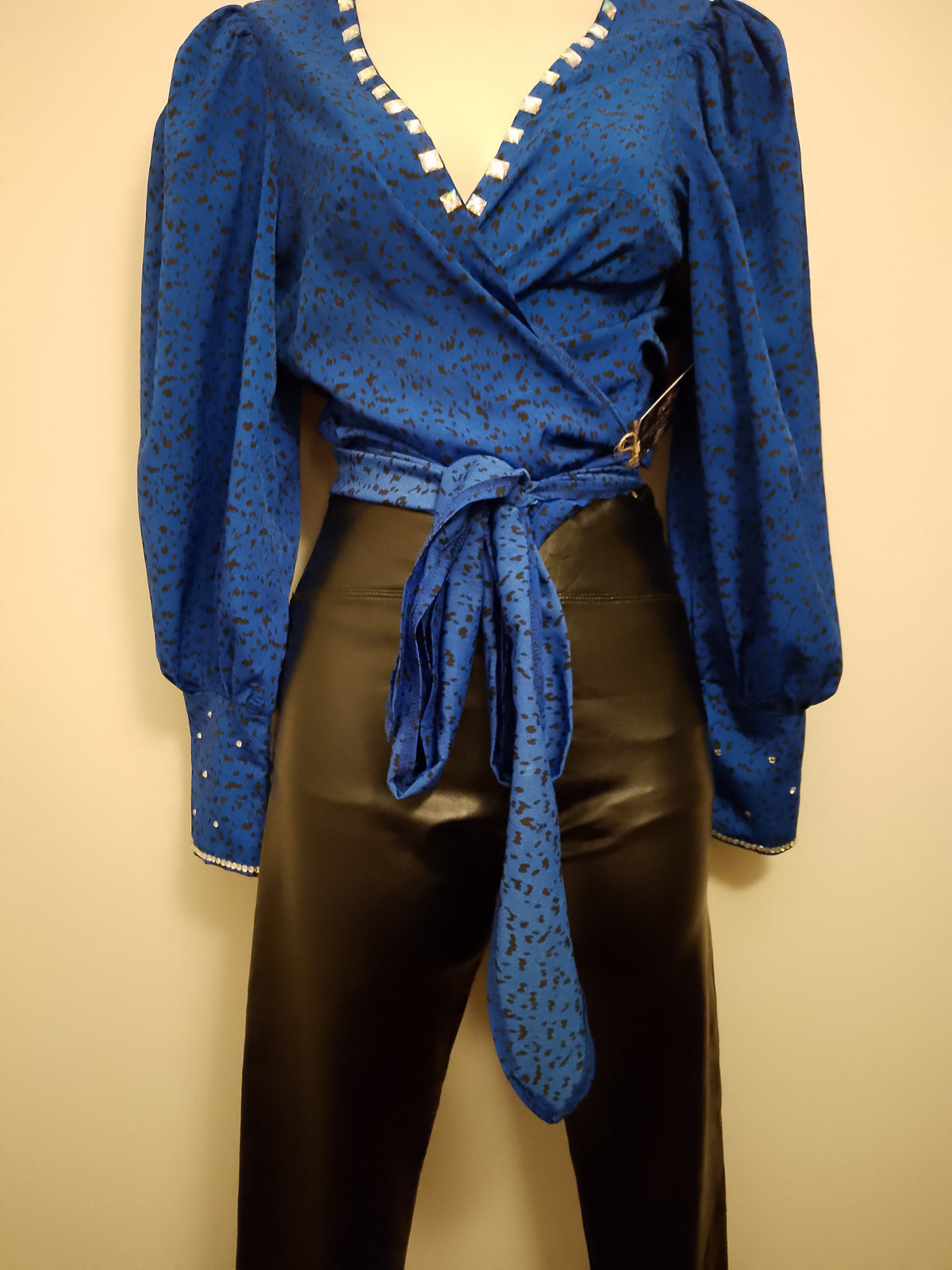 Old Money Imperial Blue Shimmer Long Sleeve  Crop Top Blouse