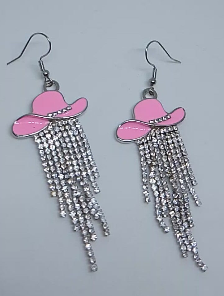 Pink Pony Hat Express Dangle Fringe Drop Earrings
