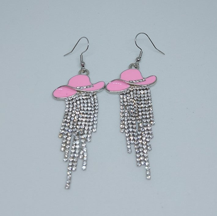 Pink Pony Hat Express Dangle Fringe Drop Earrings