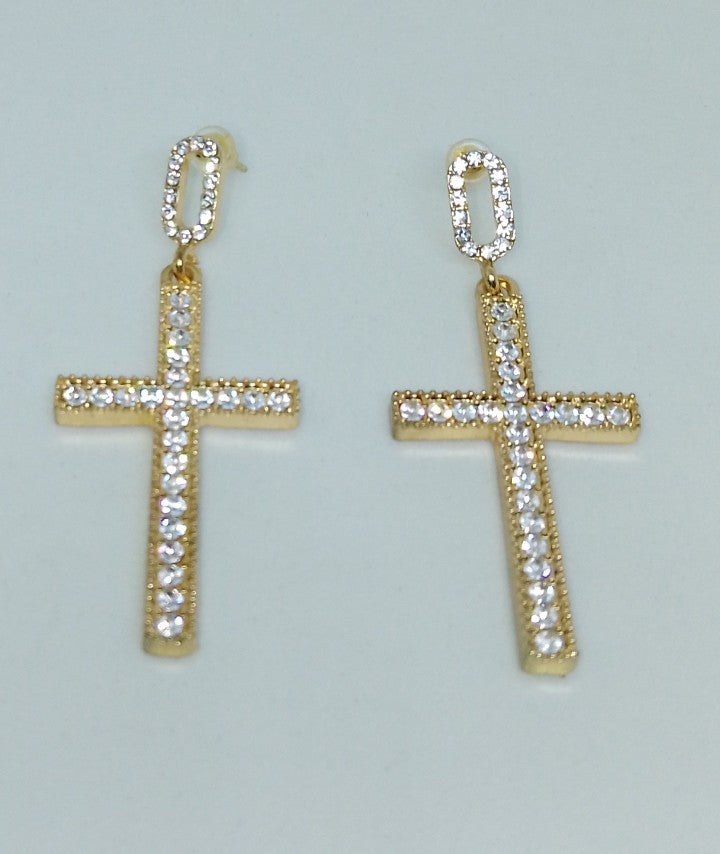 Gold & Luminous Sparkle Cross Crystal Gem Drop Earrings
