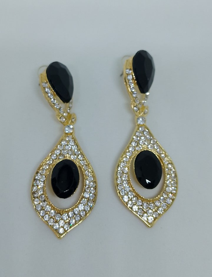 Black Pearl Top & Bottom Stone Shadow Gold Eclipse Teardrop Drop Earrings