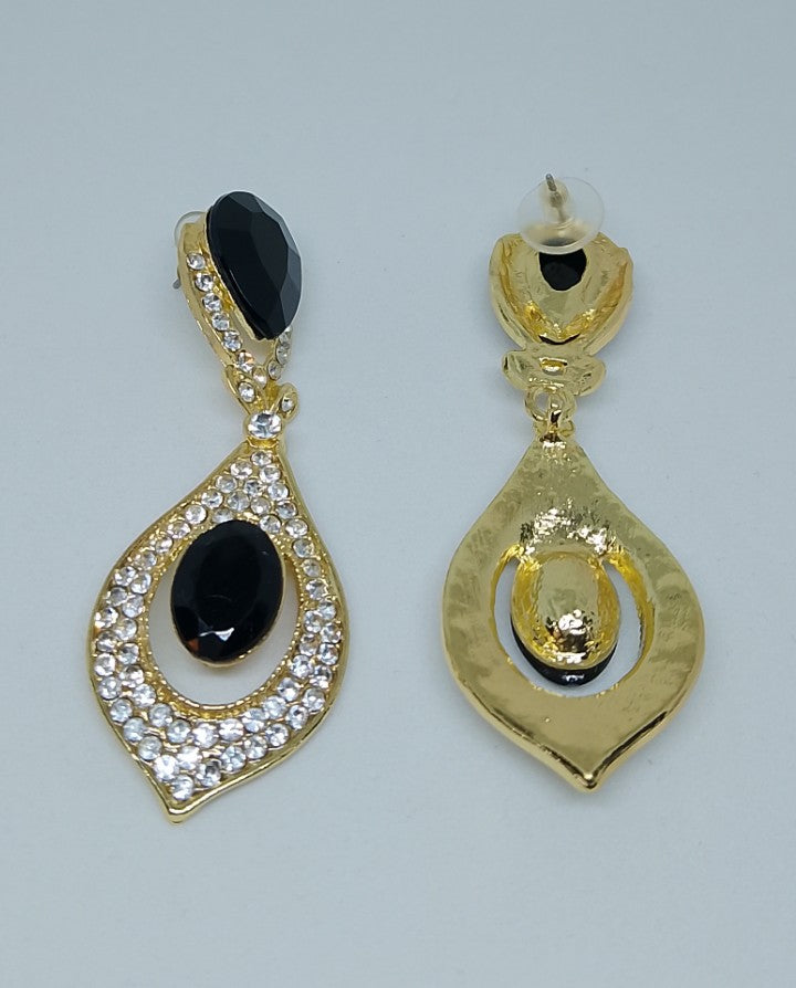Black Pearl Top & Bottom Stone Shadow Gold Eclipse Teardrop Drop Earrings