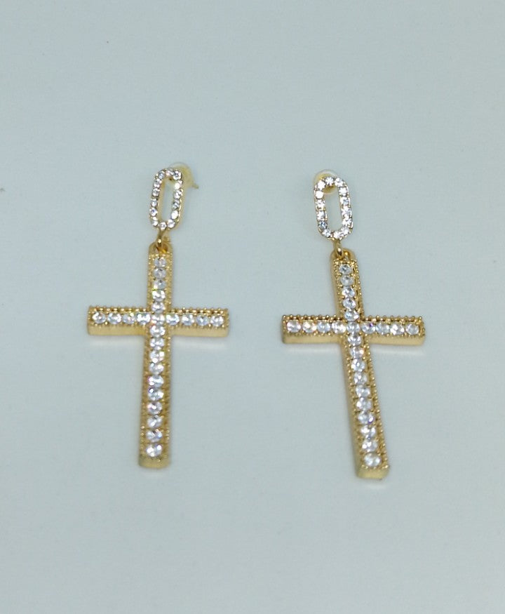 Gold & Luminous Sparkle Cross Crystal Gem Drop Earrings